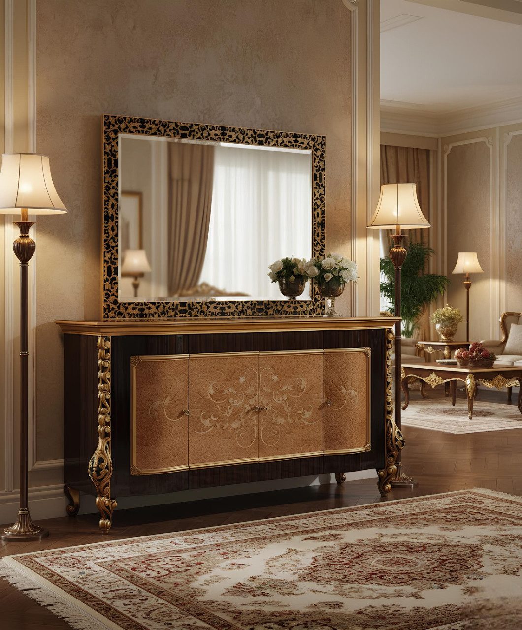 JVmoebel Sideboard Dresser mit Spiegel – Edles Holz Sideboard im Klassik Design Sofort (2 St), Made in Europa