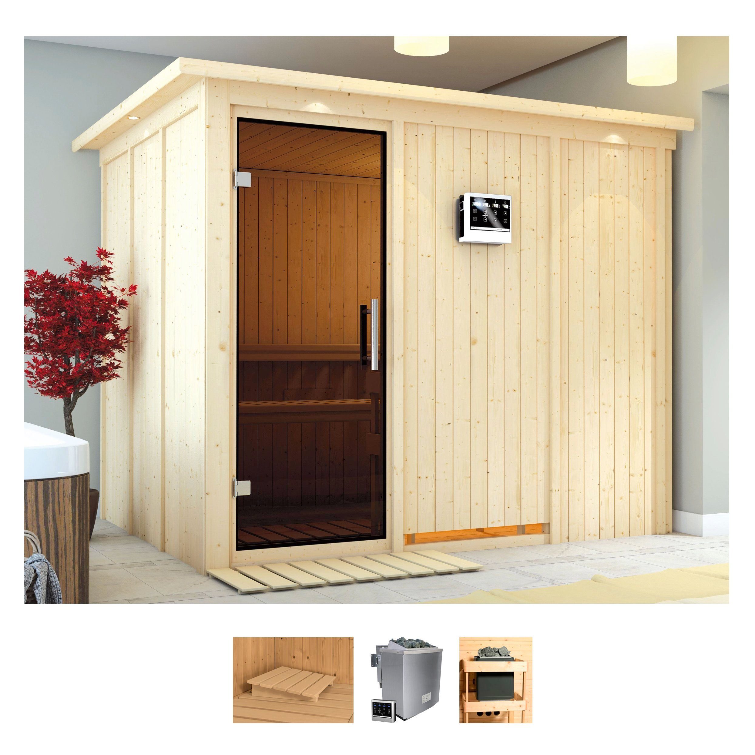 Karibu Sauna Gitte, BxTxH: 245 x 210 x 202 cm, 68 mm, (Set) 9-kW-Bio-Ofen mit externer Steuerung