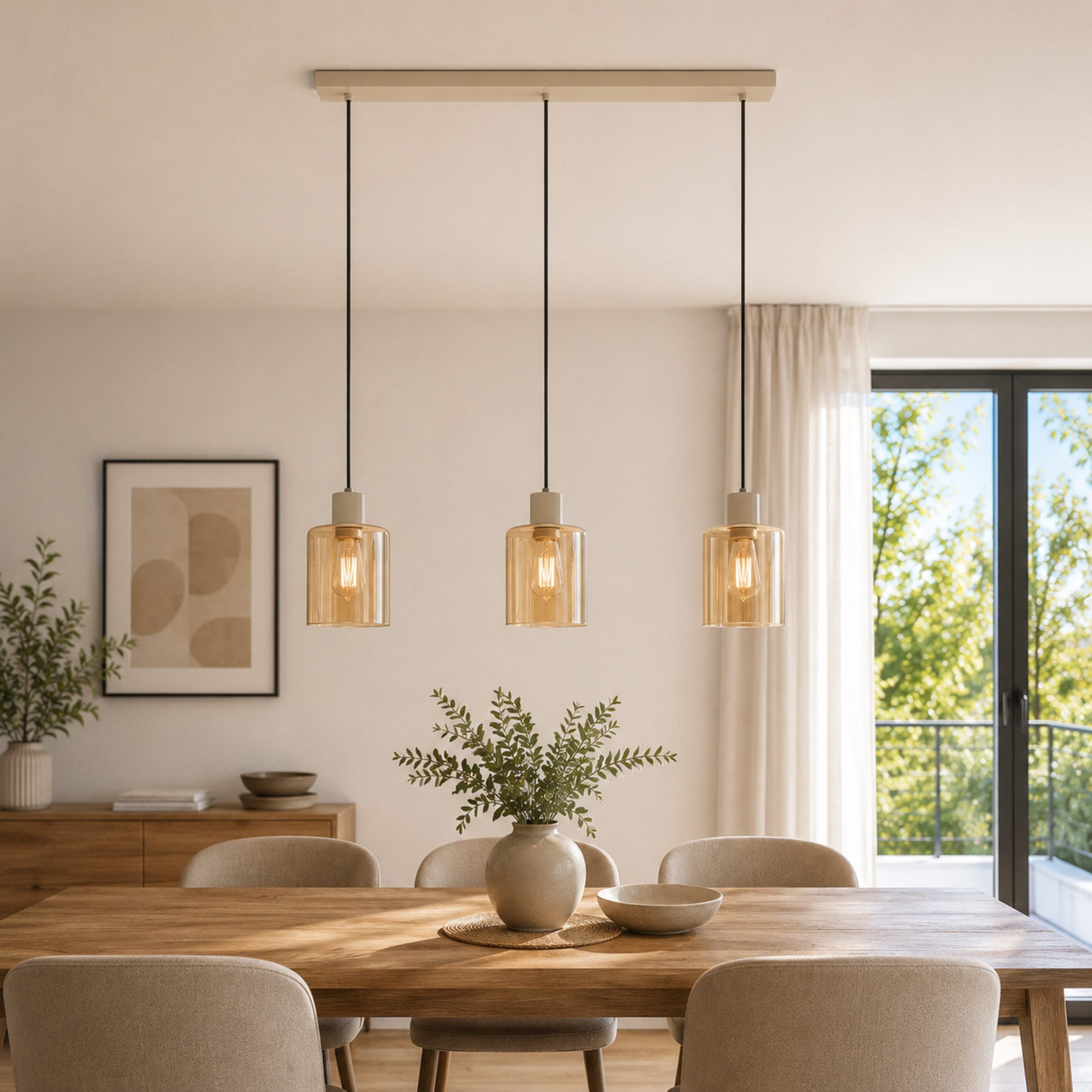 Brilliant Pendelleuchte Lyska, ohne Leuchtmittel, 72 x 12,5 x 120 cm, 3x E27 Fassung, Metall/Glas, beige/bernsteinfarben