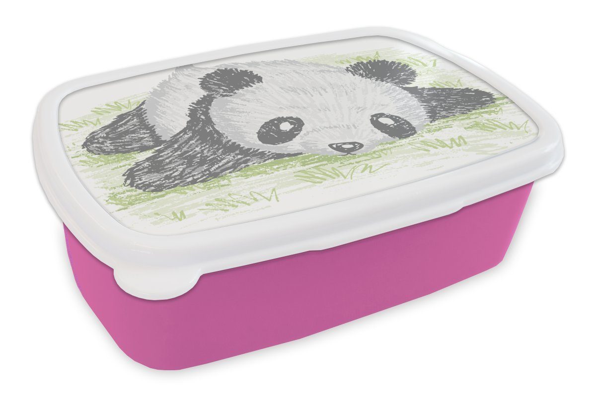 MuchoWow Lunchbox Tiere - Panda - Gras, Kunststoff, (2-tlg), Brotbox für Erwachsene, Brotdose Kinder, Snackbox, Mädchen, Kunststoff rosa