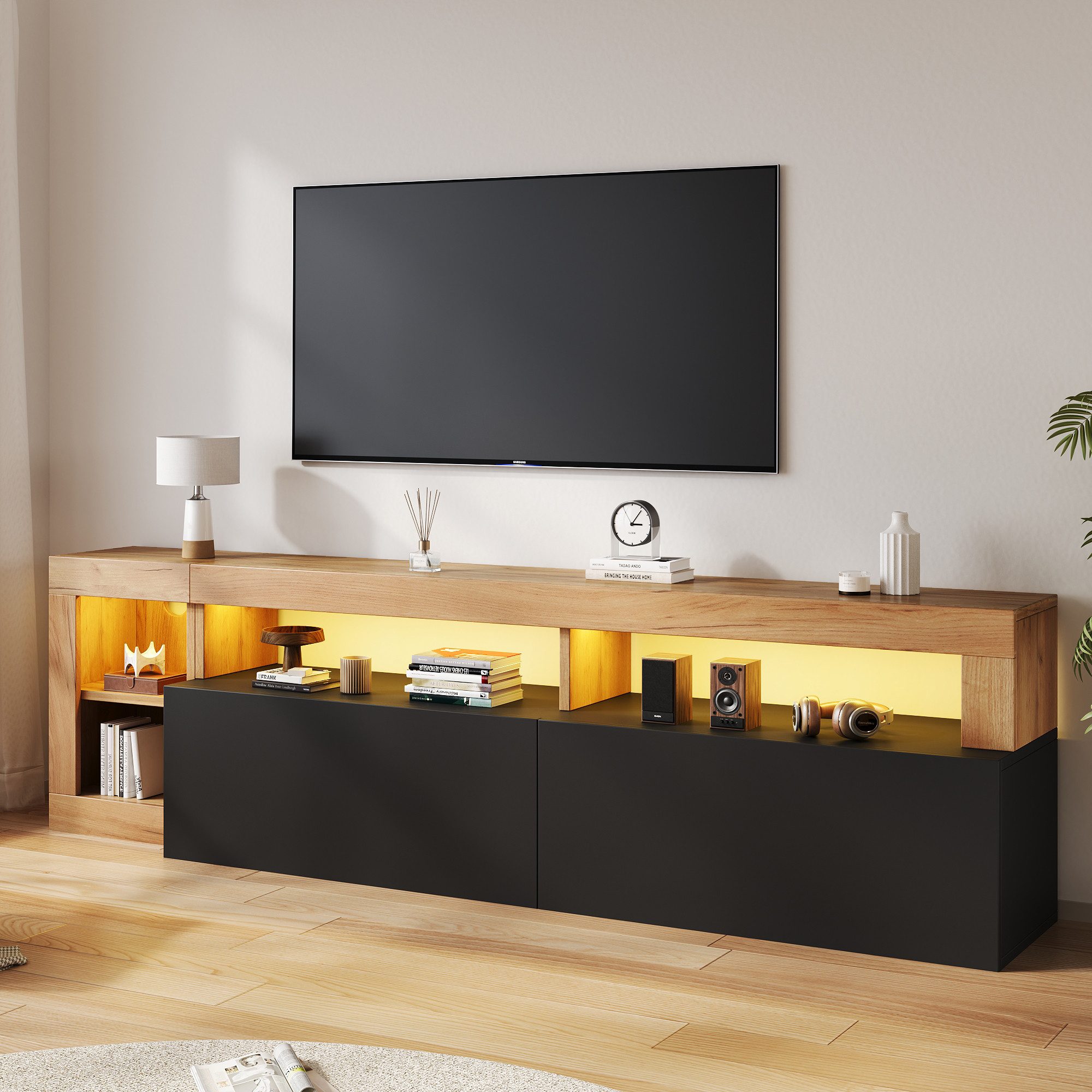 Merax Lowboard mit LED, 184×42×58cm (1 St), TV-Schrank mit 2 Falttüren, offenen Fächern & Stauraum