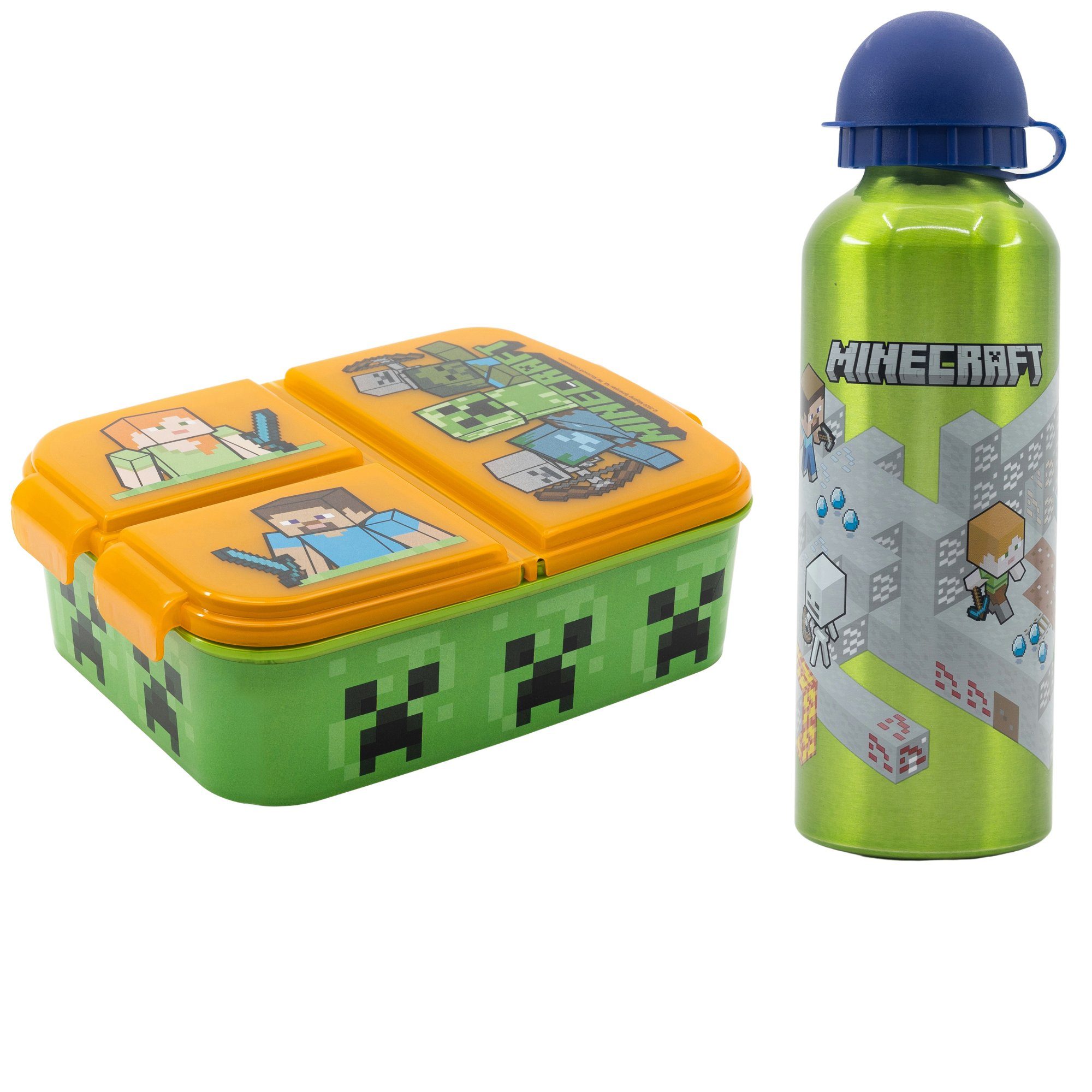 Minecraft Lunchbox Minecraft Kinder 2 tlg Set 3 Kammern Brotdose, XL Alu-Trinkflasche 530 ml Creeper