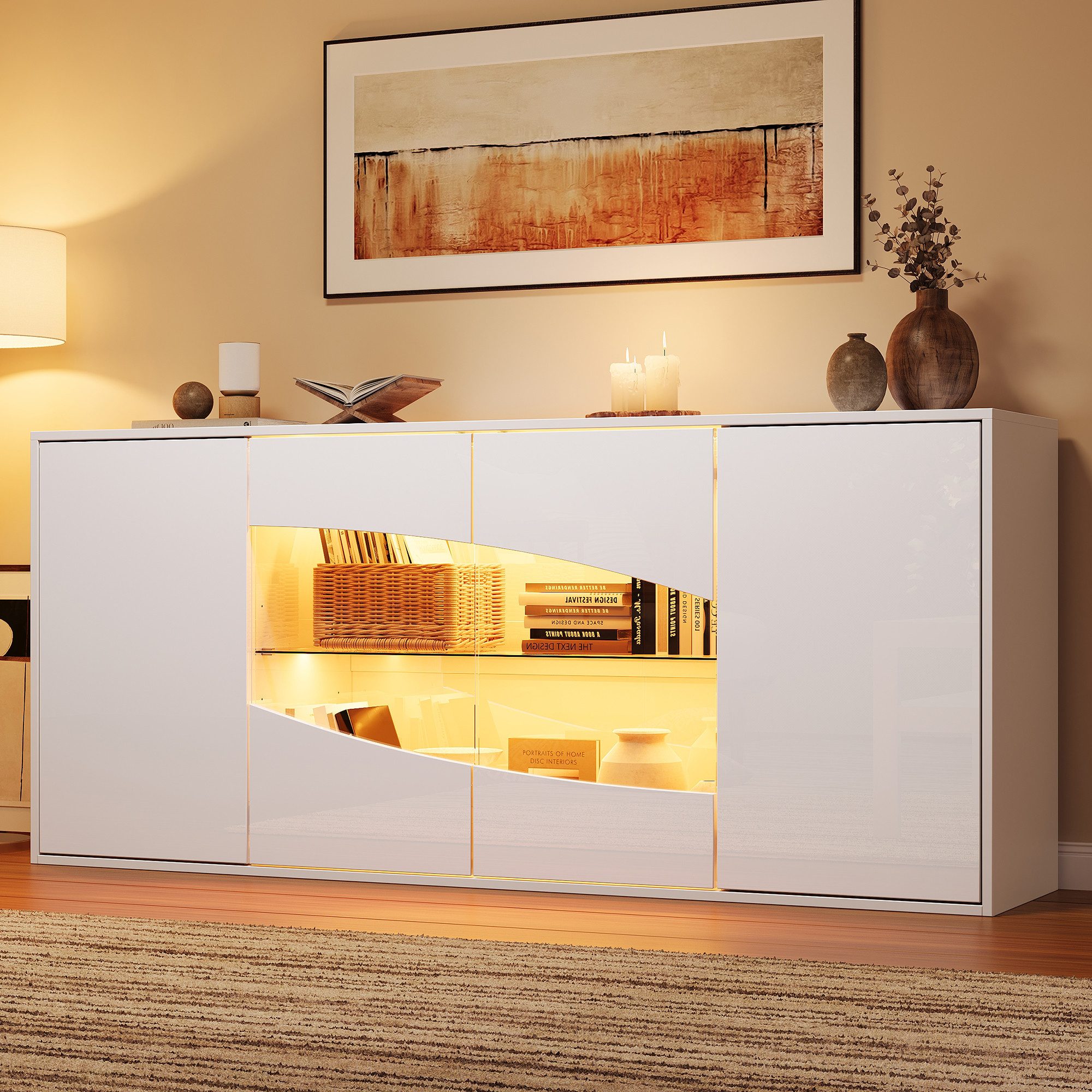 Merax Sideboard mit LED Beleuchtung, Hochglanz Buffetschrank Anrichte Kommode Vitrine (160 x 35 x 70 cm, 1 St), mit 2 Türen, 2 Glastüren, 3 …