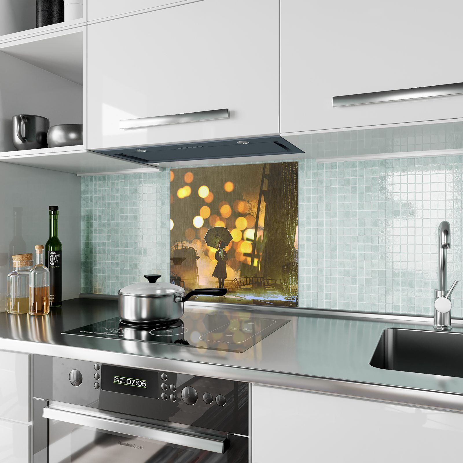 Küchenrückwand Spritzschutz Küchenrückwand in Motiv Primedeco Lichter Stadt mit Glas der