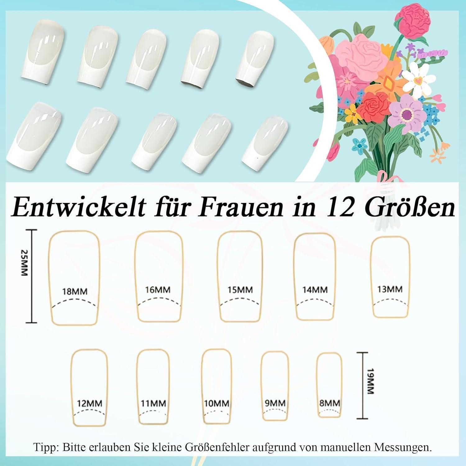 LuxusKollektion Kunstfingernägel Press on Nägel 24er lang weiß french quadratisch wiederverwendbar