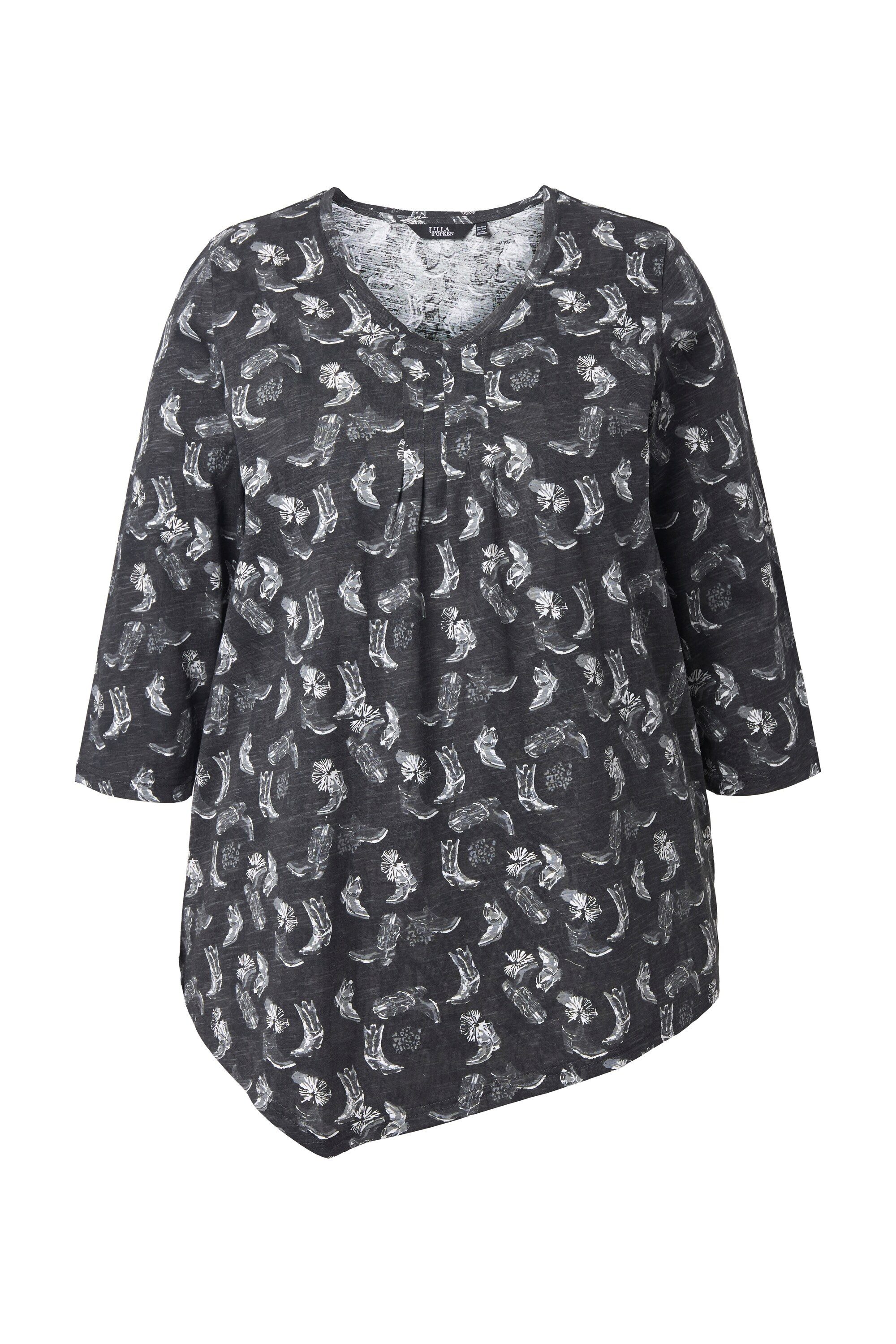 Ulla Popken T-Shirt Shirt Blüten Zierfalten A-Linie V-Ausschnitt günstig online kaufen