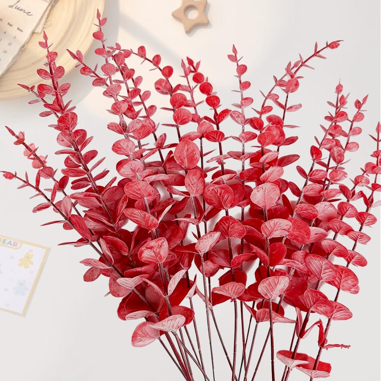 Kunstzweig Künstliche Eukalyptus Zweige 30 Stk Rot 38cm, LuxusKollektion, Höhe 3 cm