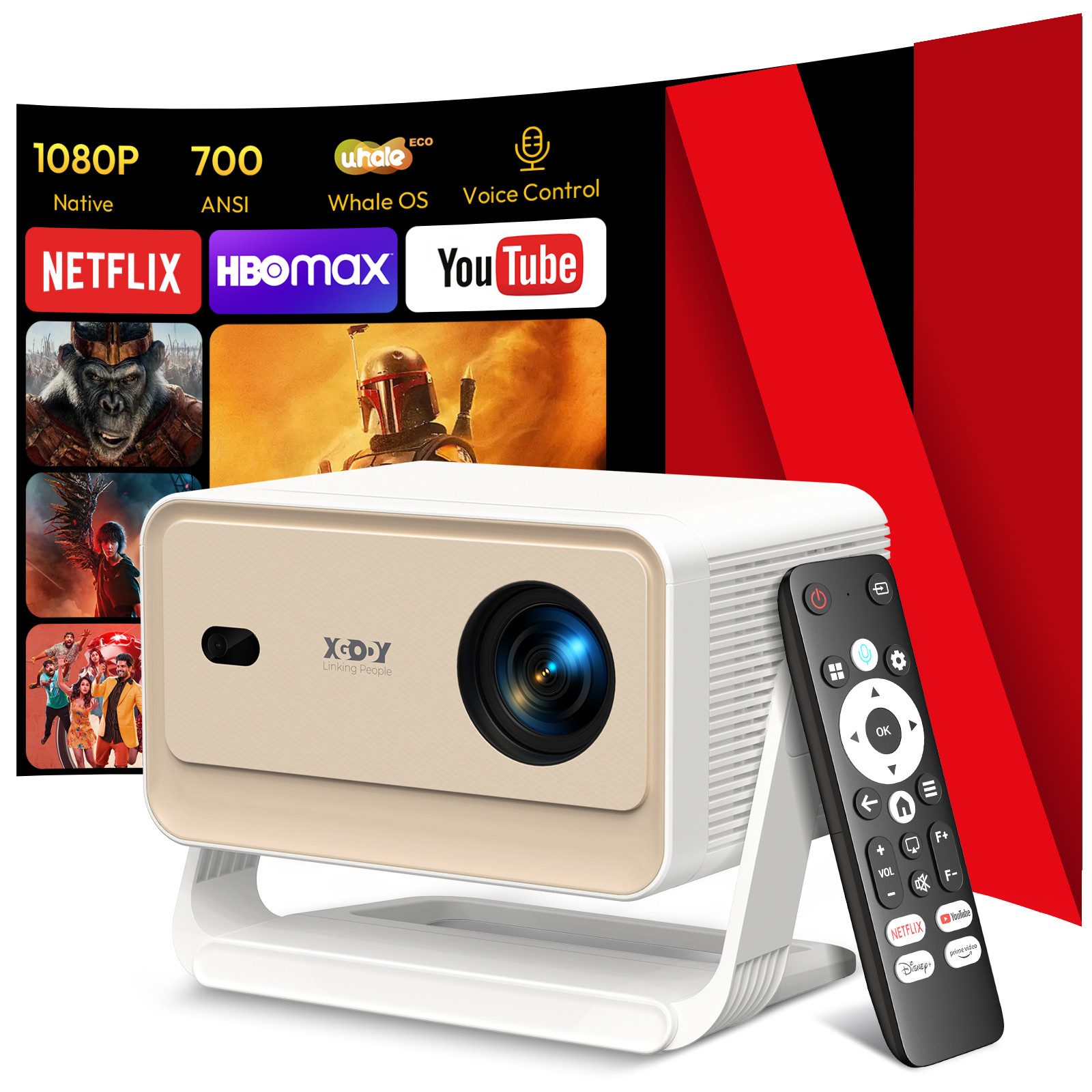XGODY N6 Pro Smart Beamer 4K Heimkino, Kompatibel mit Netflix Autofokus Mini Beamer (700 lm, 3840 x 2160 px (700 ANSI) px, projektor 4k smart wifi mit Auto Trapezkorrektur, Bluetooth 5.4)