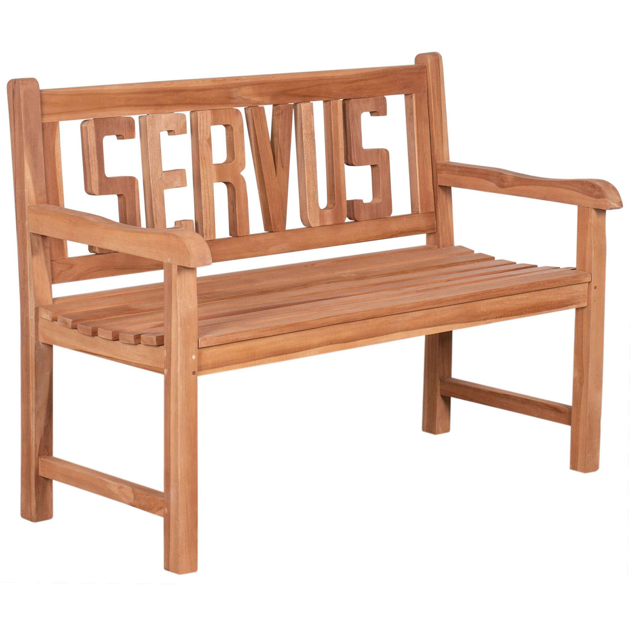 bene living Gartenbank SERVUS 120 cm - Teakholz, geschwungende Armlehnen - Rückenlehnen mit SERVUS-Schriftzug