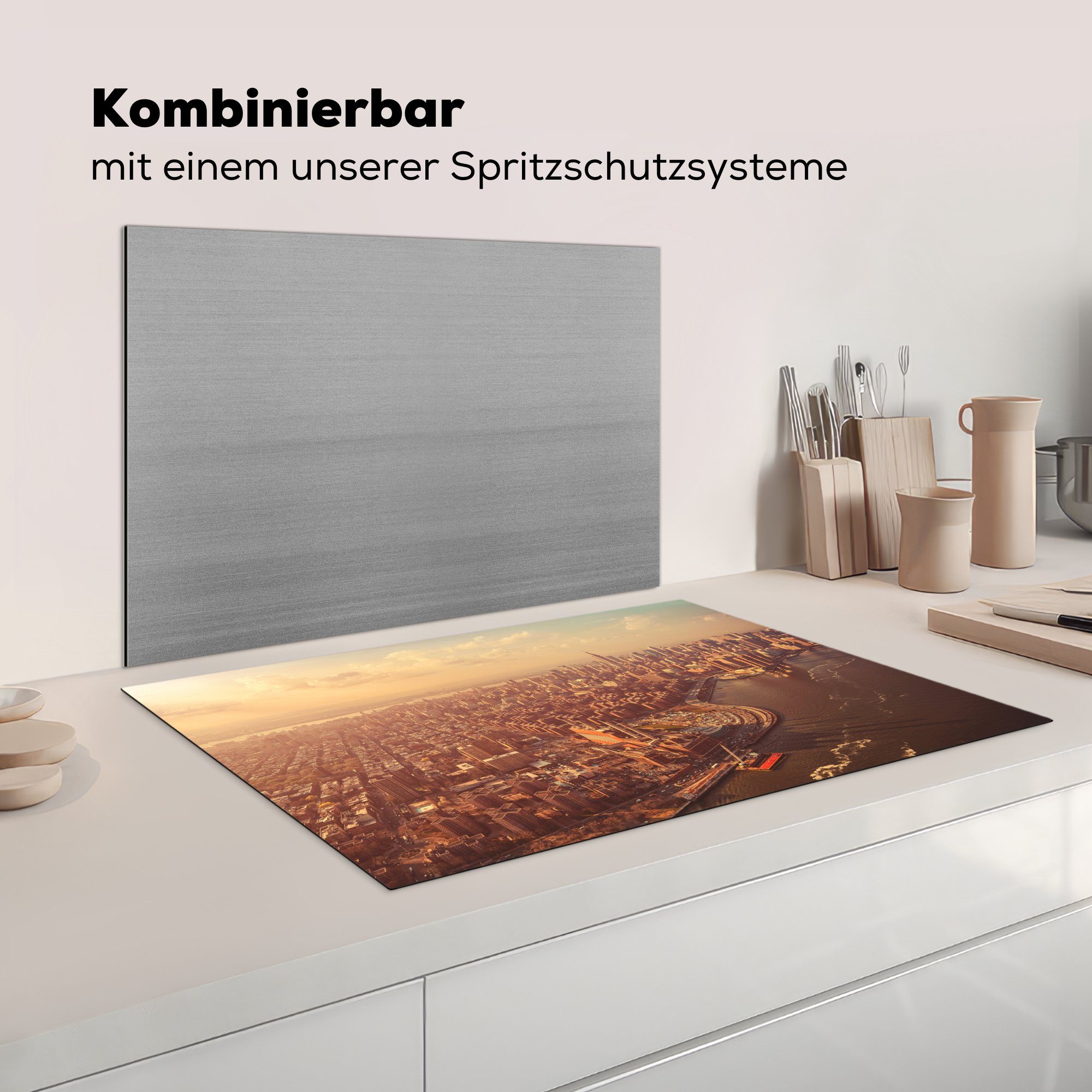 MuchoWow Herdblende-/Abdeckplatte Schutz 81x52 - New (1 Gold, Induktionskochfeld tlg), Vinyl, - York für Skyline die küche, cm, Ceranfeldabdeckung