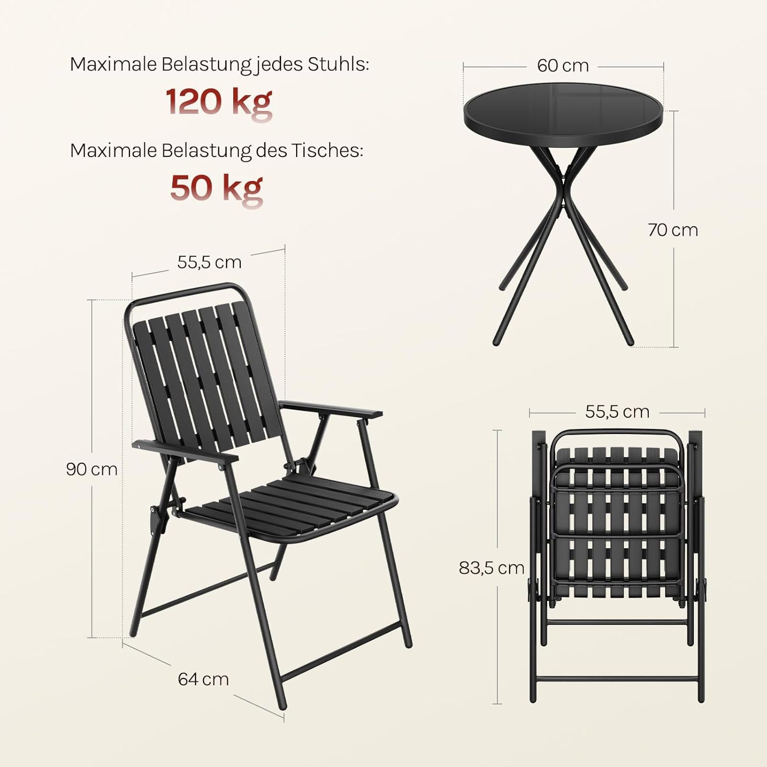 Woltu Balkonset, (3-tlg), Bistrotisch & 2 Klappbare Stühle, Wetterfest und Stabil, Schwarz