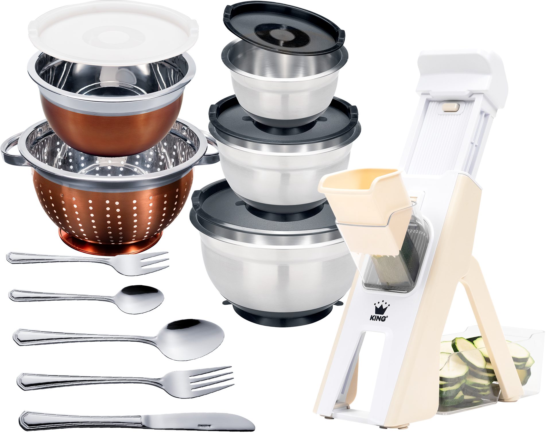 KING Küchenreibe Veggie-Set, Kunststoff, (Set, 40-St., 1 Reibe, 4 Schüsseln inkl. Deckel, 1 Seiher, 30tlg. Besteck), Vertikale-Reibe inkl. Auffangbehälter, unterschiedliche Schnittmodi