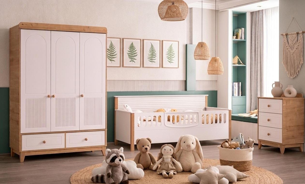 Xlmoebel Kinderbett Skandinavisches Kinderzimmer-Set mit Bett, Schrank und Kommode (Kinderzimmer-Set, 3-tlg., Kinderzimmer-Set; Bett; Kleiderschrank; Kommode), Made in Europa