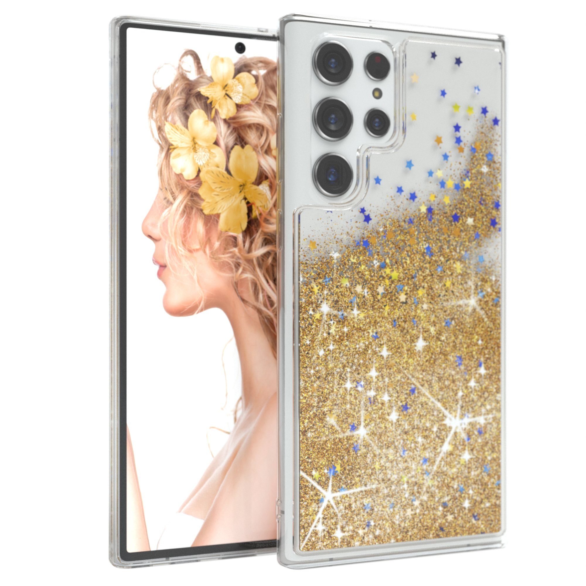 EAZY CASE Handyhülle Liquid Glittery Case für Samsung Galaxy S22 Ultra 6,8 Zoll, Durchsichtig Back Case Handy Softcase Silikonhülle Glitzer Cover Gold