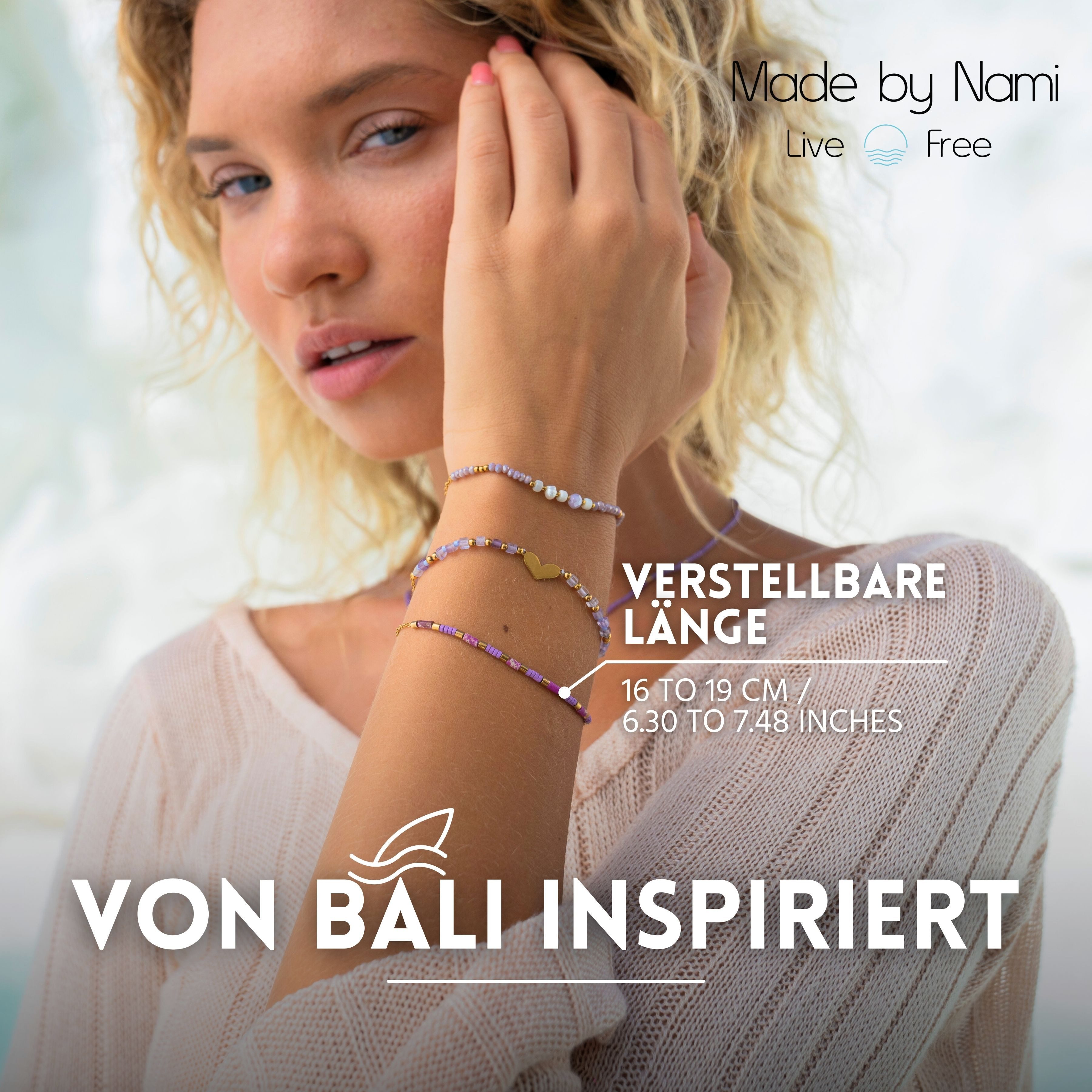 Made by Nami Perlenarmband Set Damen Armband Set mit Perlen und Herzanhänger verstellbar wasserfest, aus Edelstahl – hypoallergen – mit Verlängerung – romantischer Akzent