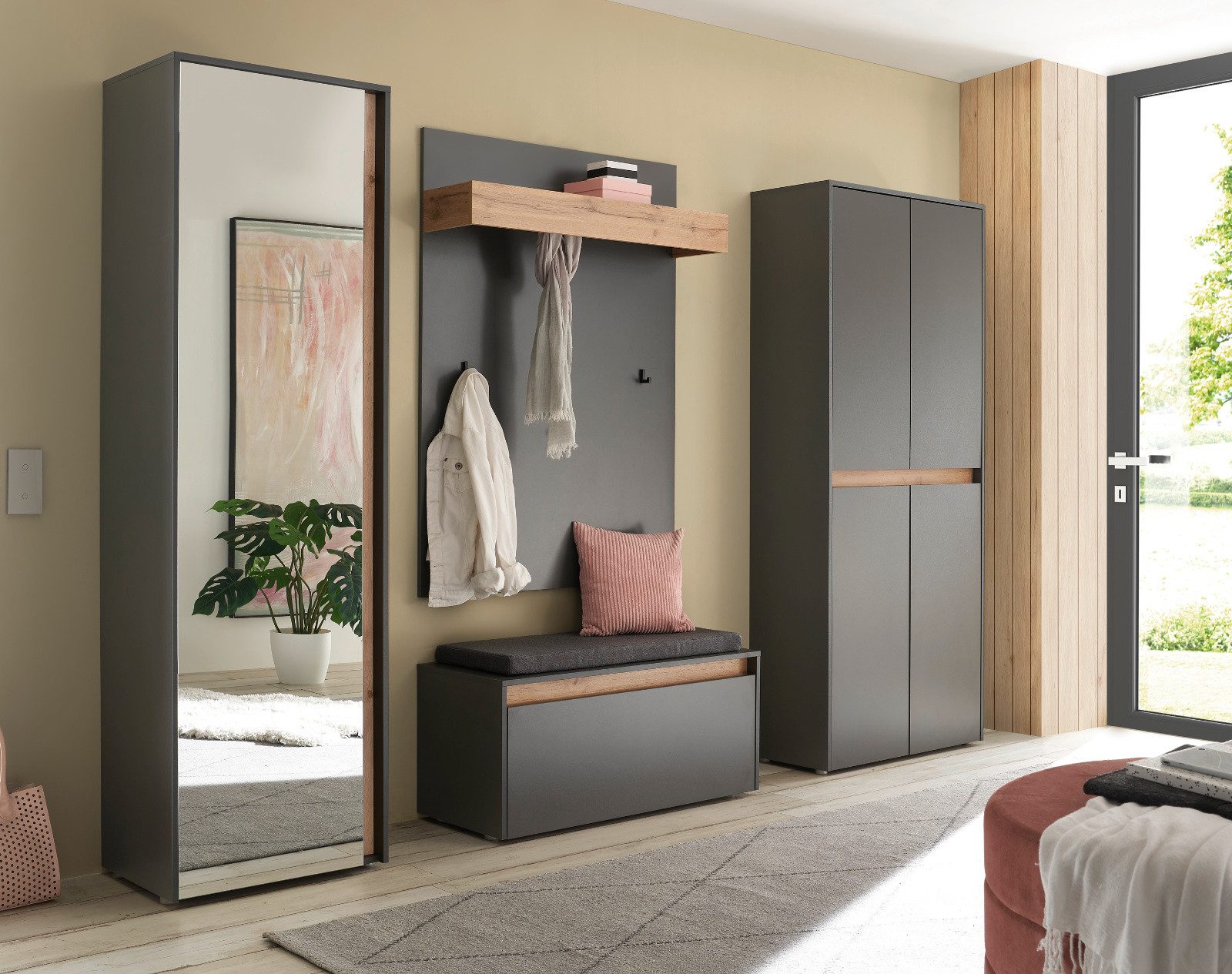 Furn.Design Garderoben-Set Center, (Flurgarderobe in grau mit Wotan Eiche, Komplett-Set 5-teilig), mit viel Stauraum