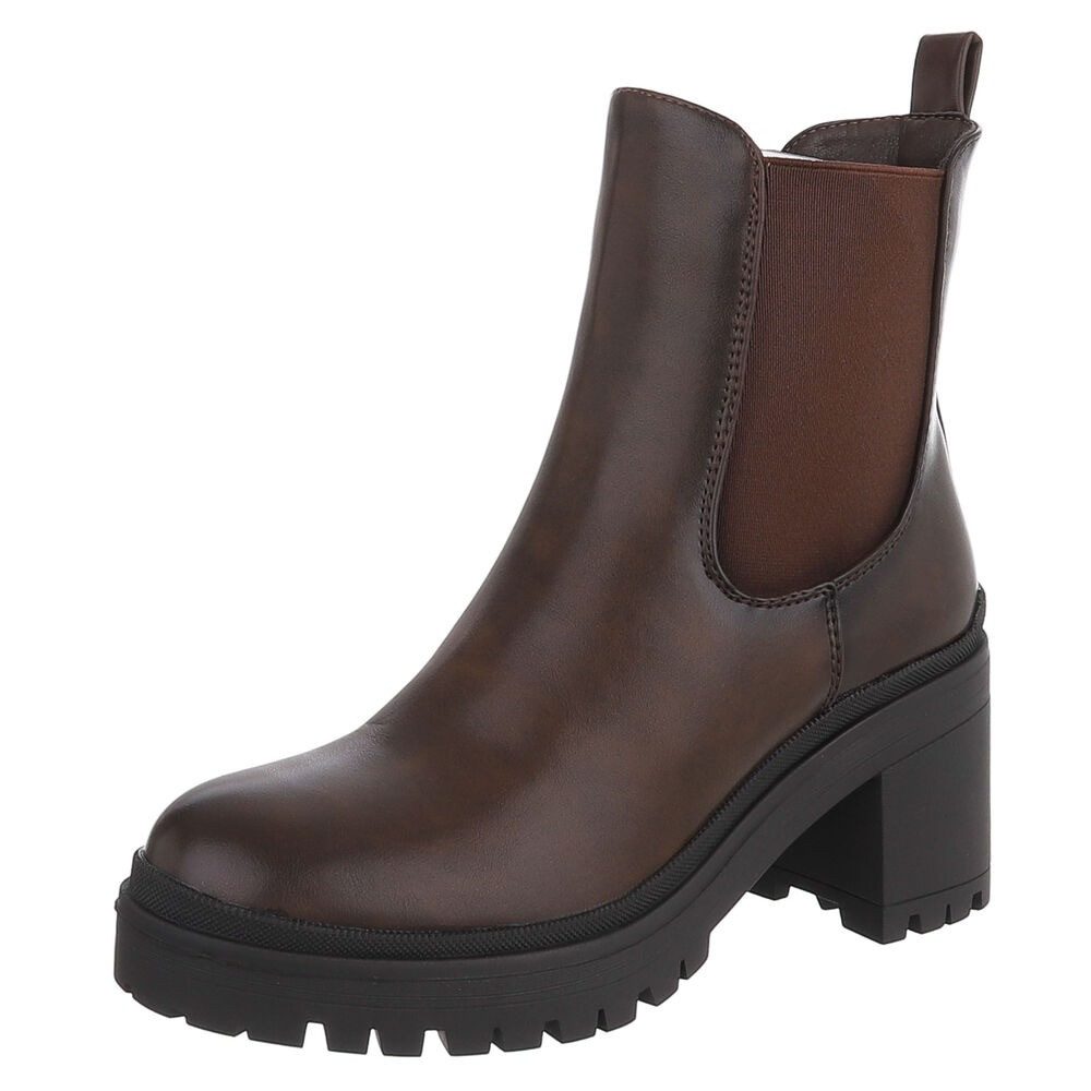 Ital-Design Kniehohe Damenstiefel mit Schnalle für Alltag und Freizeit Plateaustiefelette (90153122) Blockabsatz Stiefeletten in Braun