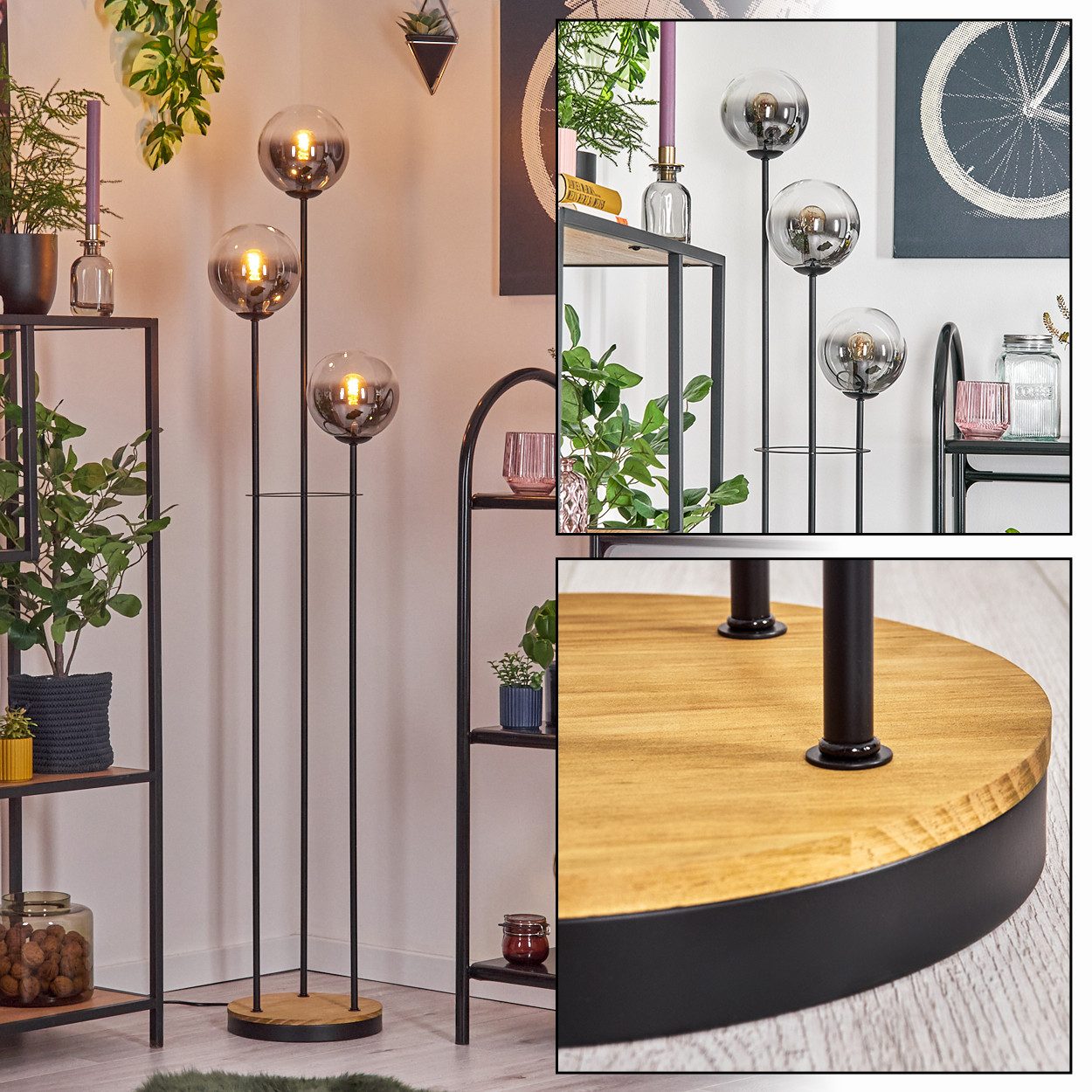 hofstein Stehlampe Stehlampe aus Metall/Holz/Glas in Schwarz/Natur/Rauchfarben/Klar, ohne Leuchtmittel, Stehleuchte im Retro-Design m. Glasschirmen (15cm), Fußschalter, E14
