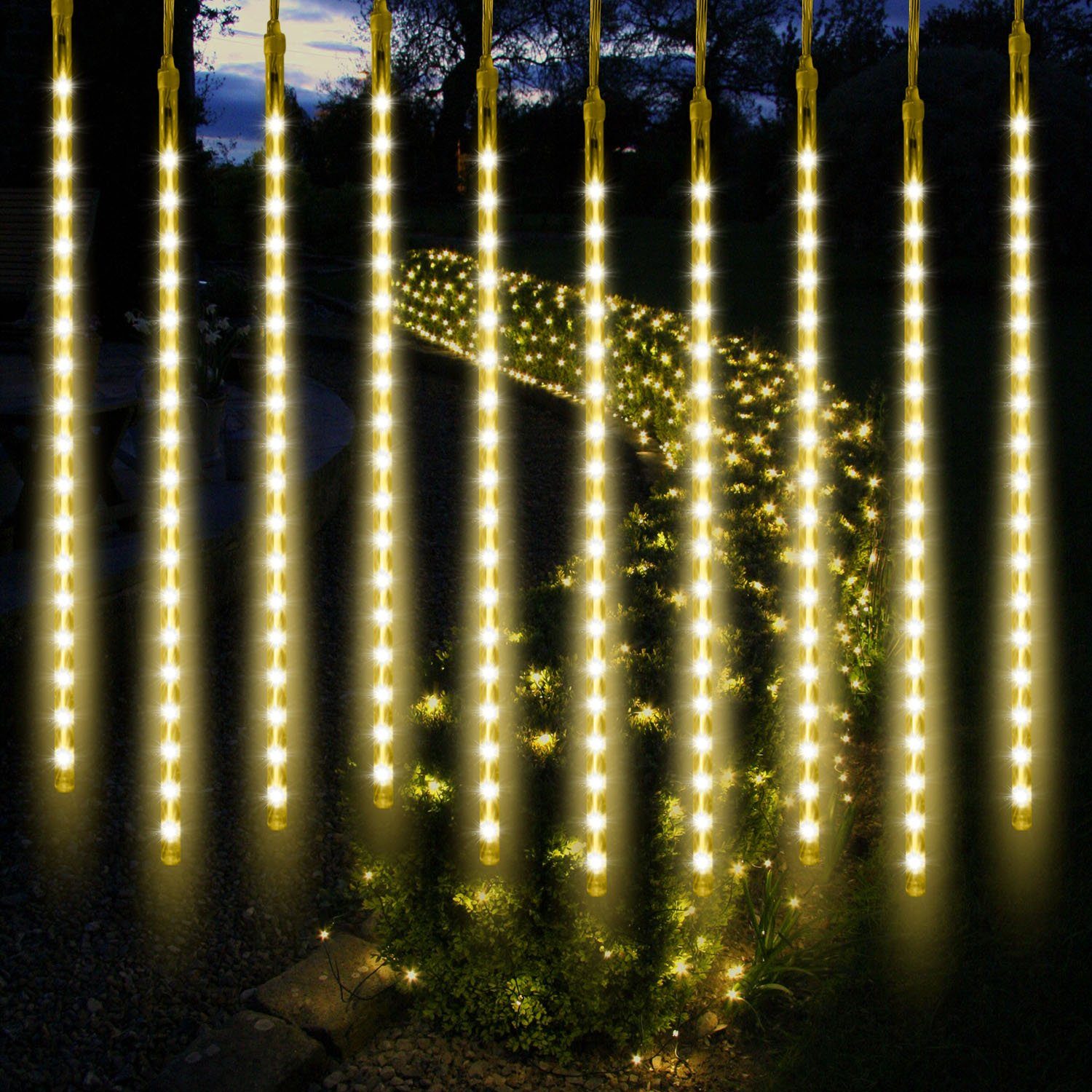 Rosnek LED-Lichterkette 2.4/4M, 30/50CM Schlauch, Wasserdicht, Anschließbar, für Weihnachten, LED Eiszapfen Lichterkette; Party Garten Bäume Deko Warmweiß