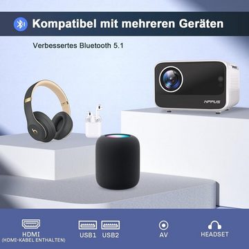 HIPPUS Elektrischer Fokus/Trapezkorrektur Smart Beamer 4K Mini Android Portabler Projektor (300 lm, 1920*1080P px, WiFi 6 Bluetooth Video Minibeamer kompatibel mit Smartphone/Fire SticK)