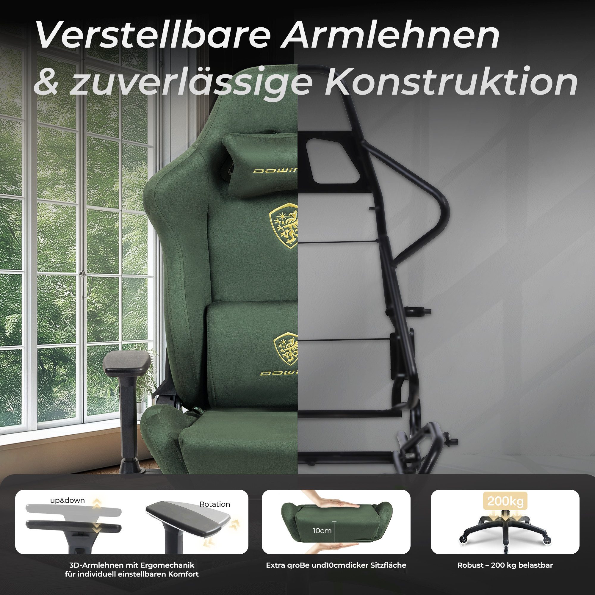 Dowinx Gaming-Stuhl Atmungsaktiver und Ergonomischer Bürostuhl aus Mikrofaser-Velours (Packung), Mikrofaser-Velours, Ausziehbarer Fußstütze, Armlehnen Verstellb – Bild 5 von 5