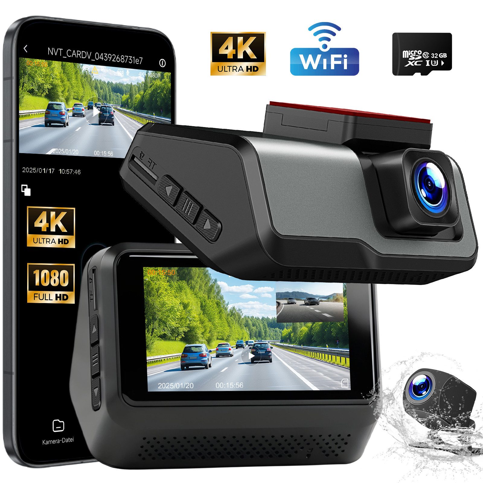 HS Onsing Dashcam Auto 4K 1080P 2-Kanal 170° Weitwinkel mit 32GB TF-Karte WDR Dashcam (4K Ultra HD, 3'' IPS-Bildschirm, mit Nachtsicht, G-Sensor, Loop-Aufnahme Wifi App-Steuerung)