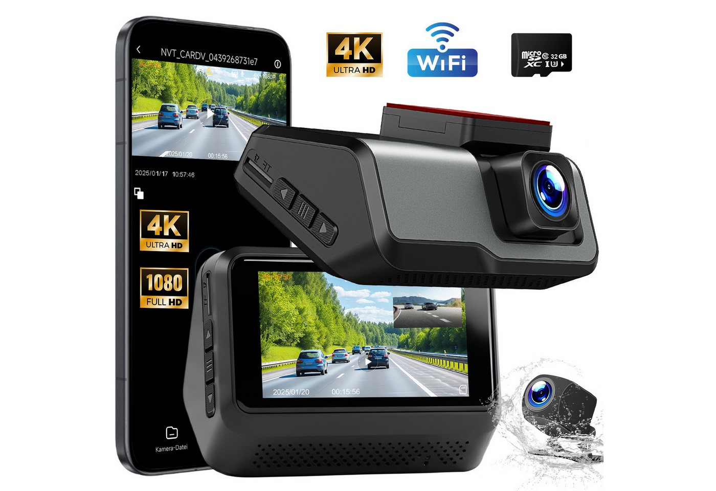 HS Onsing Dashcam Auto 4K 1080P 2-Kanal 170° Weitwinkel mit 32GB TF-Karte WDR Dashcam (4K Ultra HD, 3'' IPS-Bildschirm, mit Nachtsicht, G-Sensor, Loop-Aufnahme Wifi App-Steuerung)