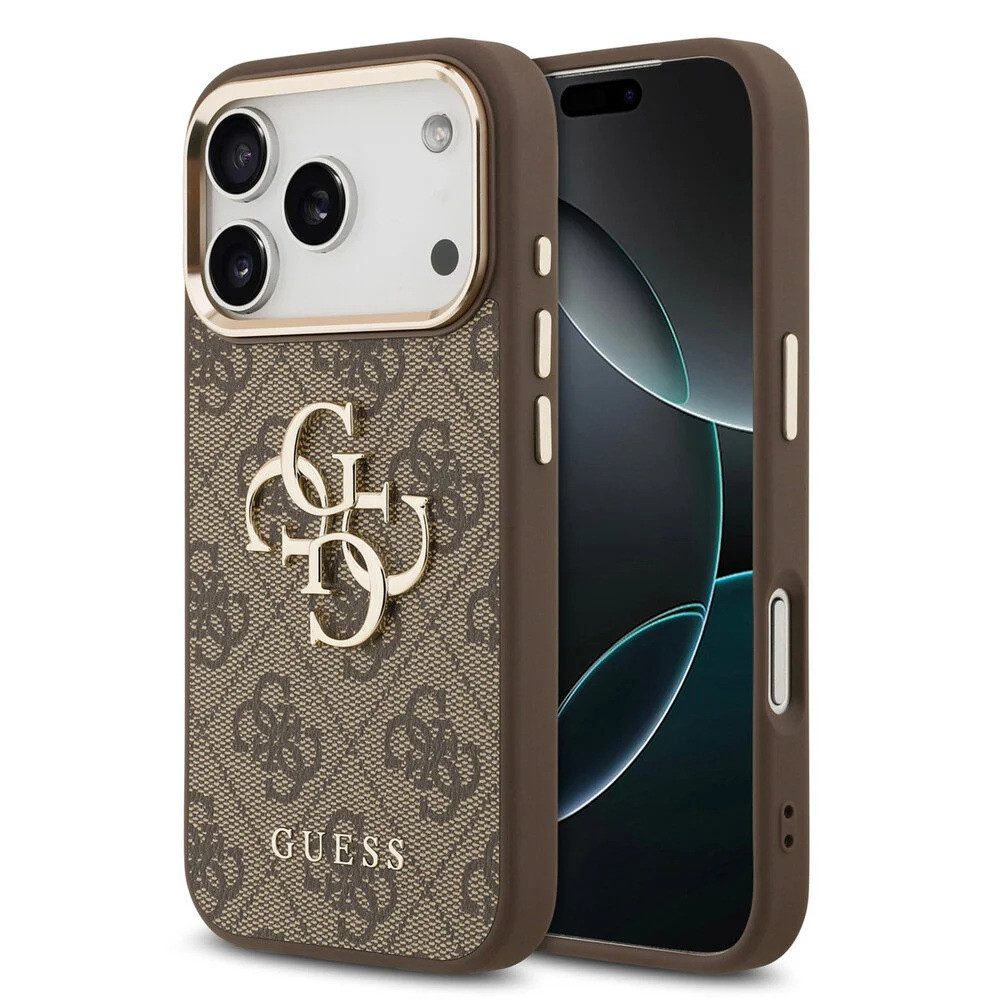 Guess Handyhülle GUESS Case für iPhone 17 Pro Max Metal Logo Gold Hülle Cover Braun