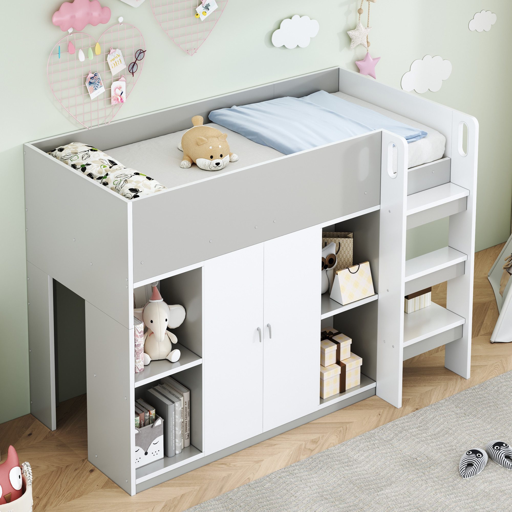 Flieks Hochbett Kinderbett 90x200cm mit Kleiderschrank, günstig online kaufen