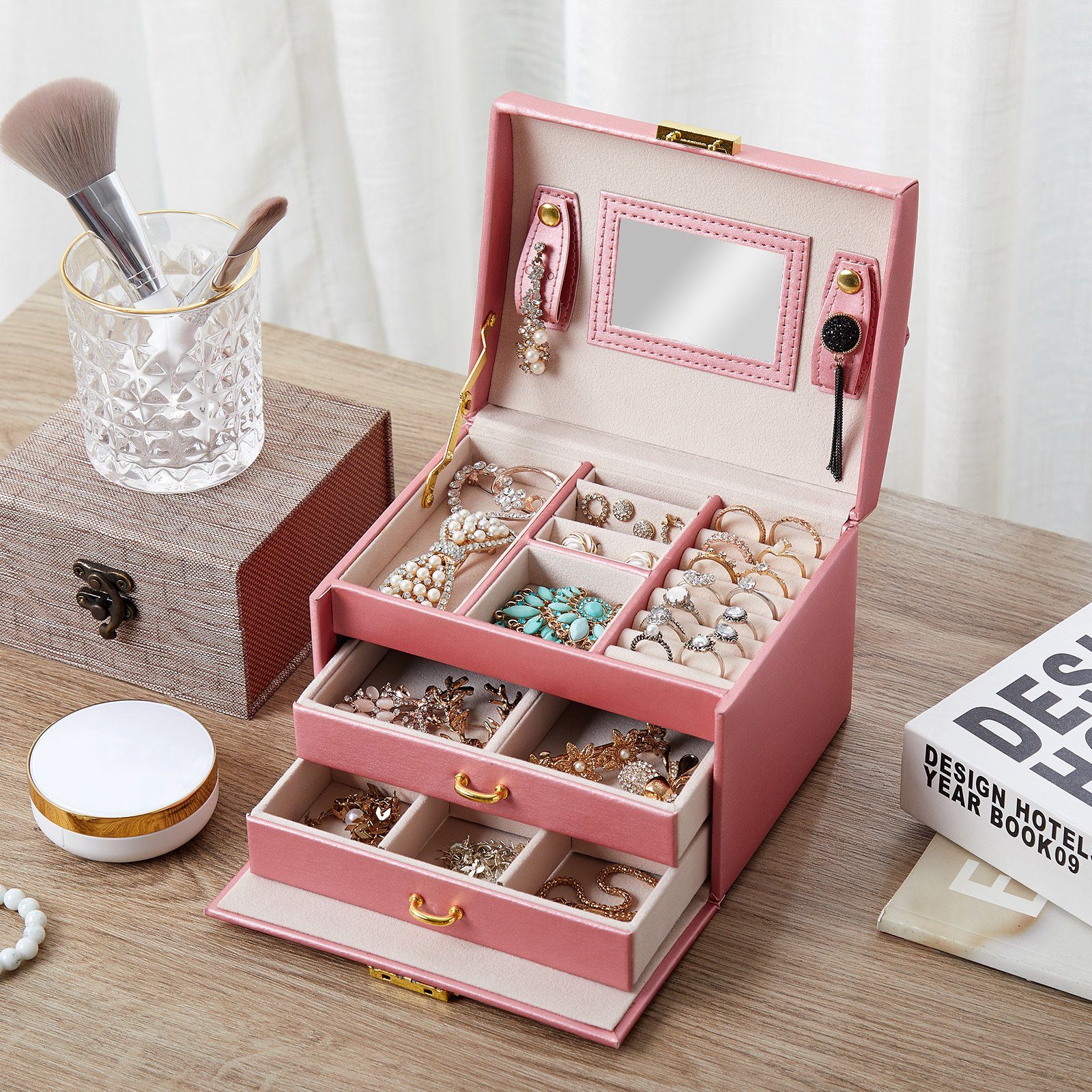 Mondeer Schmuckkasten Schmuckbox, abschließbar, 3 Ebenen, mit Spiegel und S günstig online kaufen