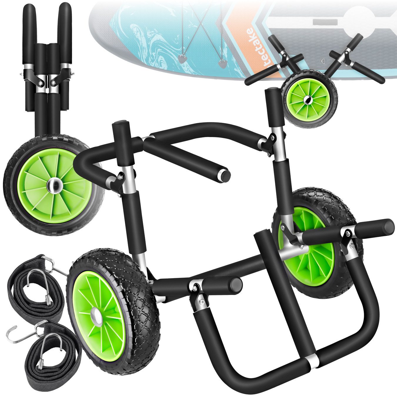 tectake SUP-Transportwagen Surfboard Transportwagen klappbar, 62 x 53 x 49 cm, (Paddel Board Transportwagen WaveWheel, inkl. 2 Sicherungsgurte in schwarz/grün), für bis zu 2 Boards, rostfreies Aluminium, abnehmbare Profilräder