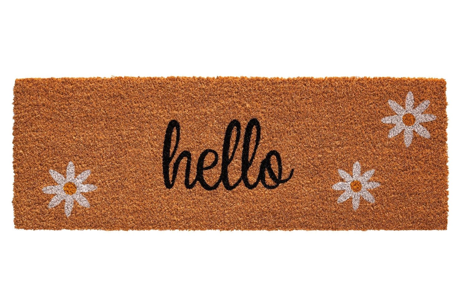 HAMAT Fußmatte HOME, 75 x 26 cm, Braun, Schwarz, Weiß, Kokos, rechteckig, Höhe: 15 mm, Schriftzug Hello, mit Blumen