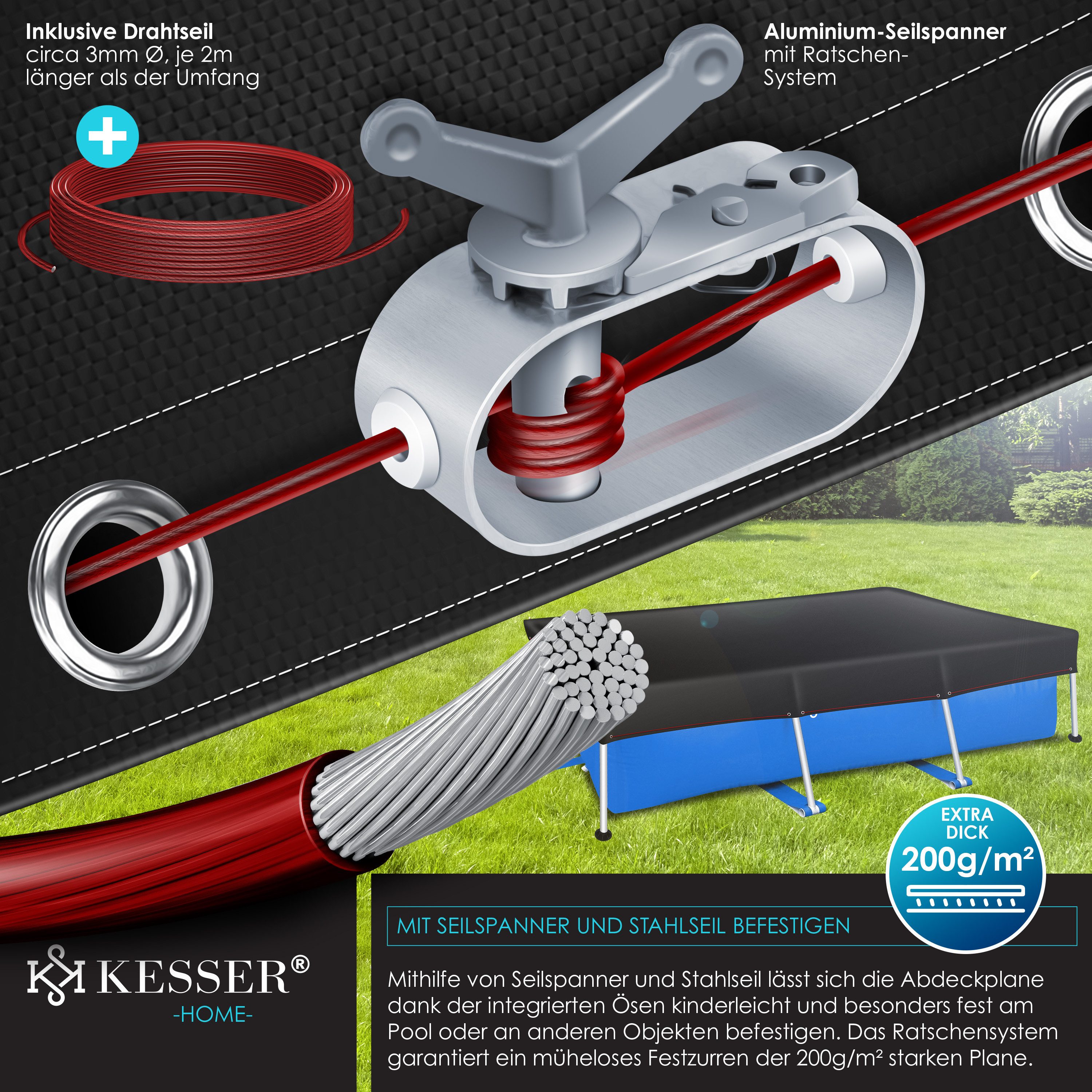 KESSER Solarabdeckplane Solar Poolabdeckung inkl. Stahlseil & Seilspanner mit Ösen, 200g/m² PE Material, UV-resistent & Wetterfest für Sommer & Winter