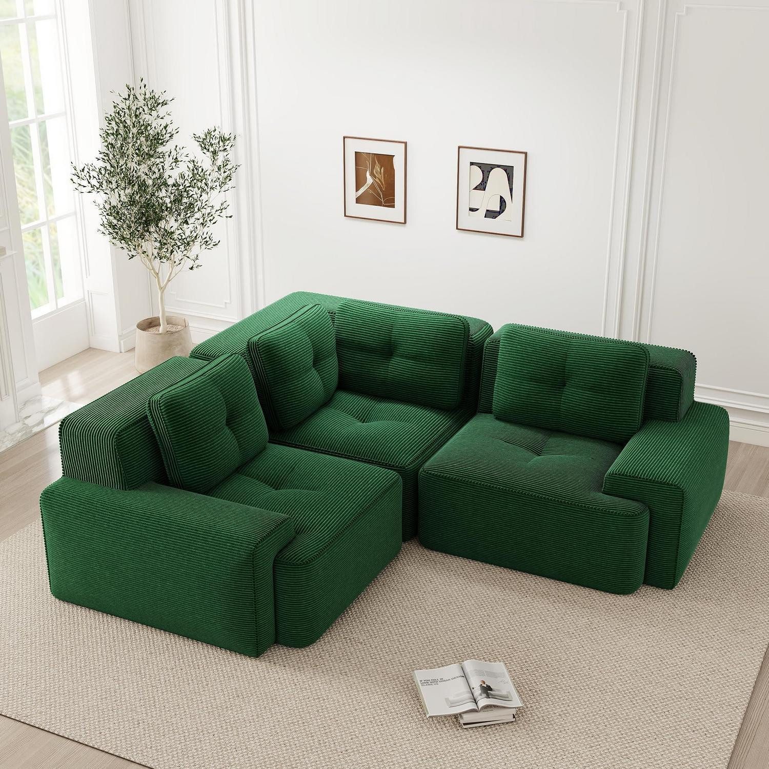 LuxusKollektion Ecksofa Ecksofa 177x177cm Cordstoff Modular Grün Ecksofa A