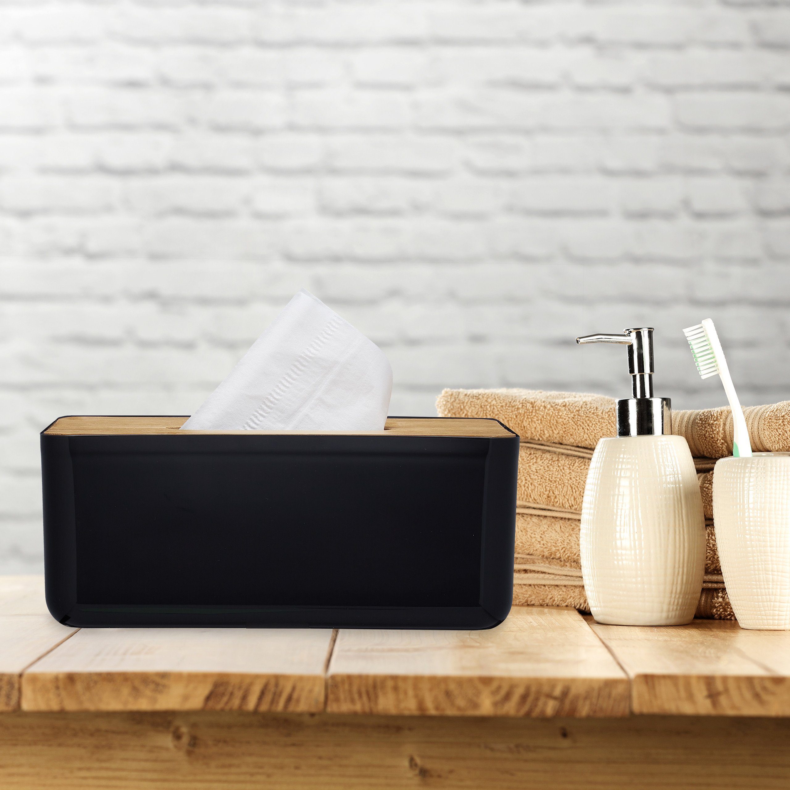 relaxdays Badorganizer Taschentuchbox Bambusdeckel (1 St) – Bild 2 von 5