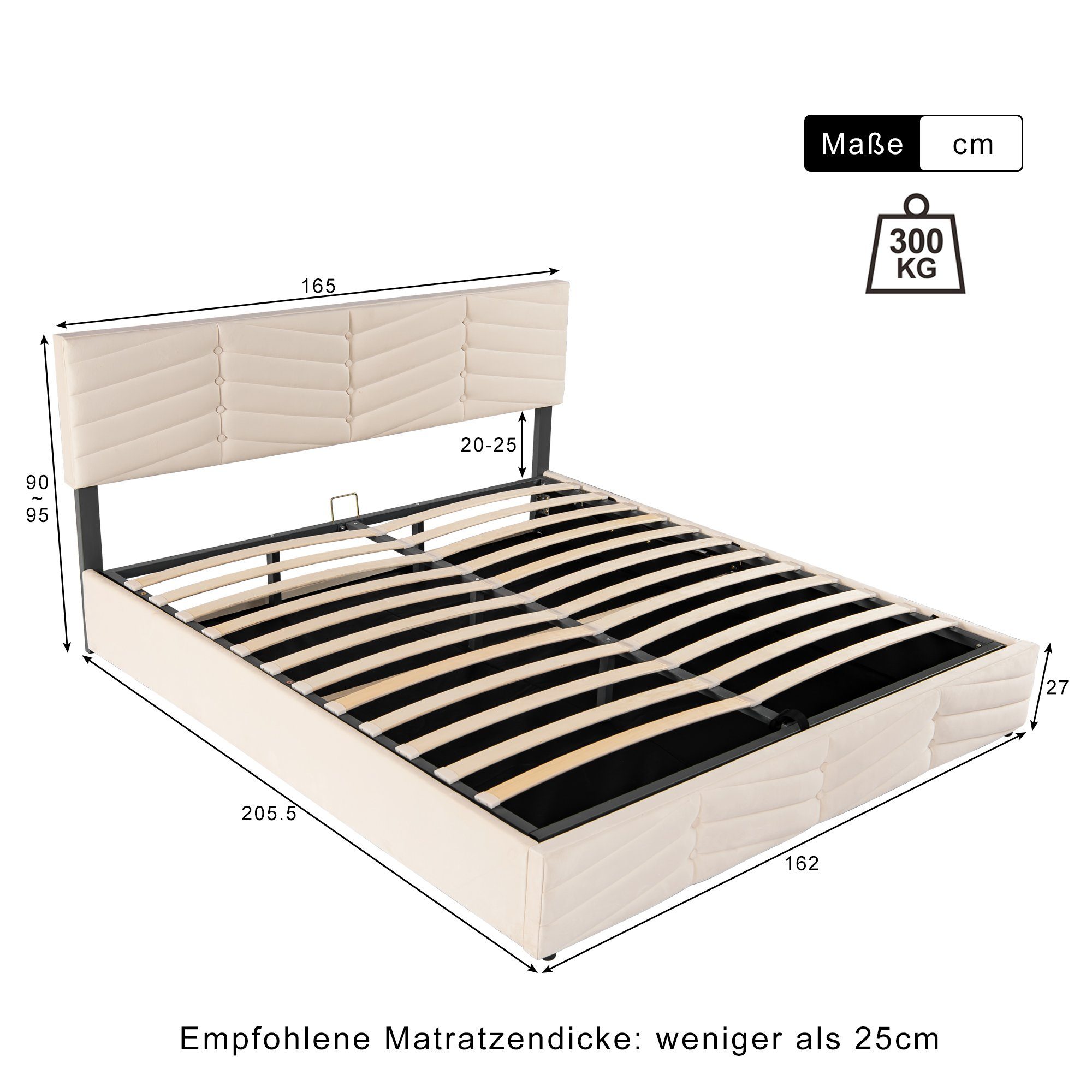 Gästebett) mit Polsterbett Beige (Doppelbett Familienbett, Kopfteil, verstellbarem Samt Bettkasten, Doppelbett hydraulischem 160x200cm Fangqi Kinderbett, Polsterbett,