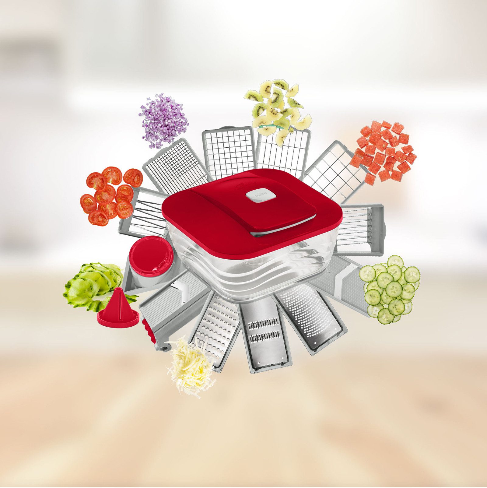 Genius Küchenreibe Genius Gemüseschneider Gemüsehobel Nicer Dicer Chef 15 tlg. Rot, Edelstahl, Kunststoff – Bild 5 von 5