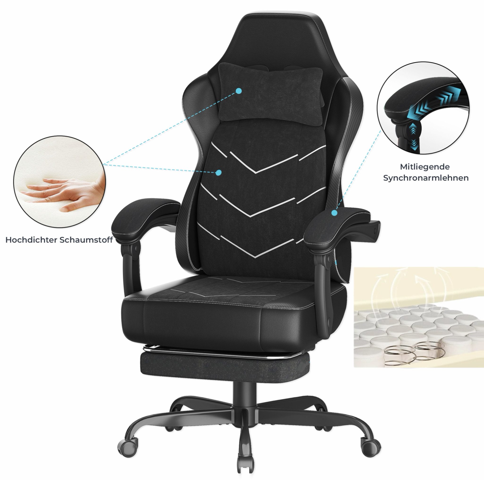 HOMALL Gaming-Stuhl mit Federkern,Atmungsaktiver Stoff, Komfort für Büro & Gaming, gaming stuhl mit Fußstütze,breites & dickes Sitzpolster
