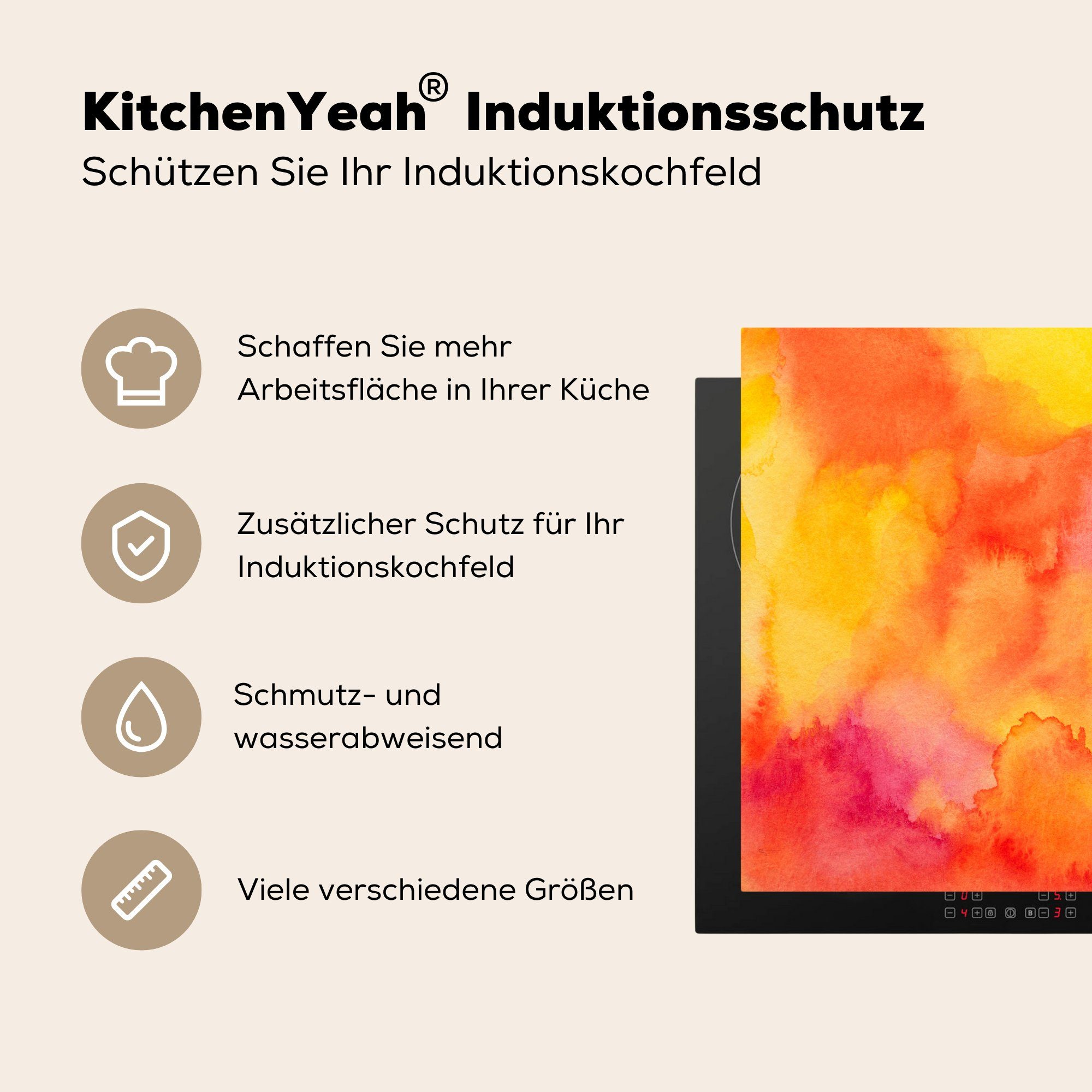 MuchoWow Herdblende-/Abdeckplatte Farbe - Malerei Gelb, Vinyl, die (1 Schutz 81x52 Ceranfeldabdeckung Orange küche, - Induktionskochfeld tlg), cm, - für