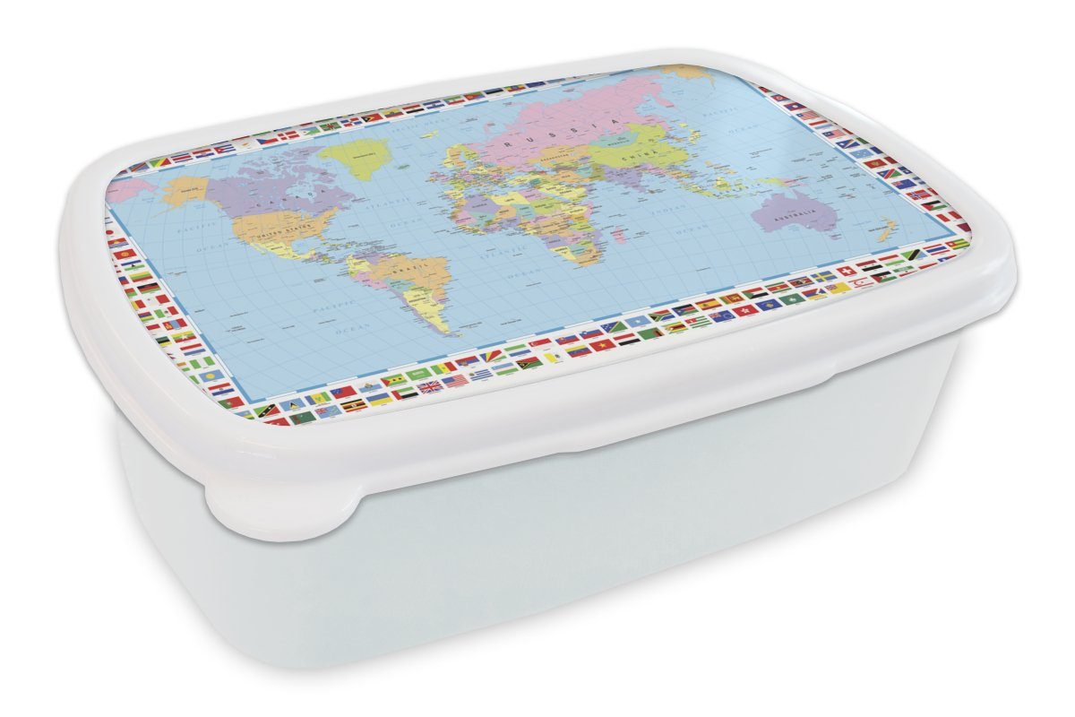 MuchoWow Lunchbox Weltkarte - Flagge - Atlas, Kunststoff, (2-tlg), Brotbox für Kinder und Erwachsene, Brotdose, für Jungs und Mädchen weiß