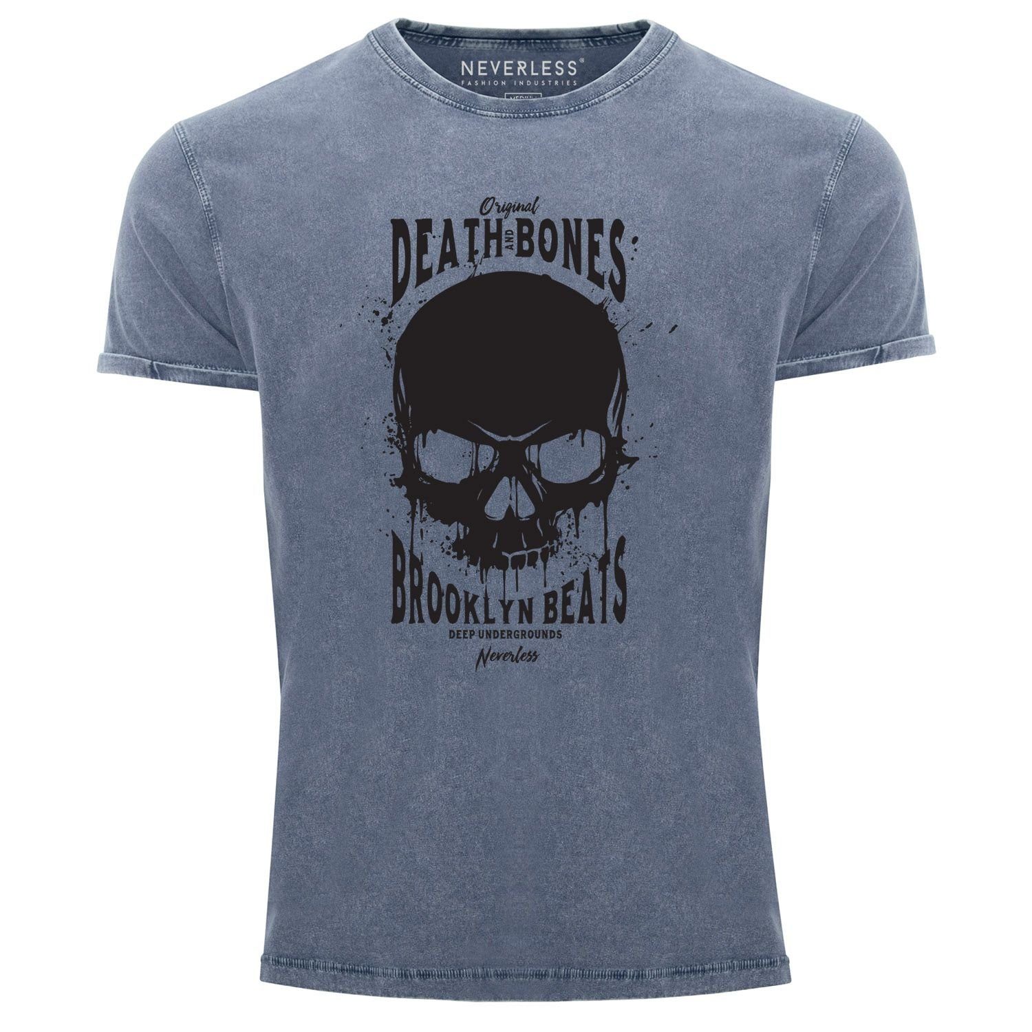 Neverless Print-Shirt Neverless® Herren T-Shirt Vintage Shirt Printshirt Skull Death and Bones Aufdruck Used Look Slim Fit mit Print blau