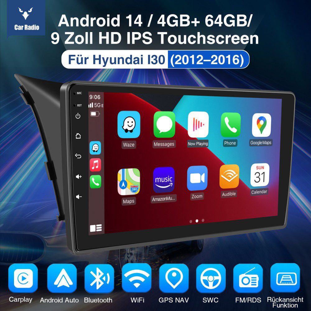 ESSGOO 64/128G Android 15 Für Hyundai i30 2012-2016 Carplay GPS Navi WIFI DAB Autoradio (RDS, 4+64GB(optional), FM, DAB+ (optional), ASP, Wireless Apple Carplay & Android Auto,2 DIN,WiFi)