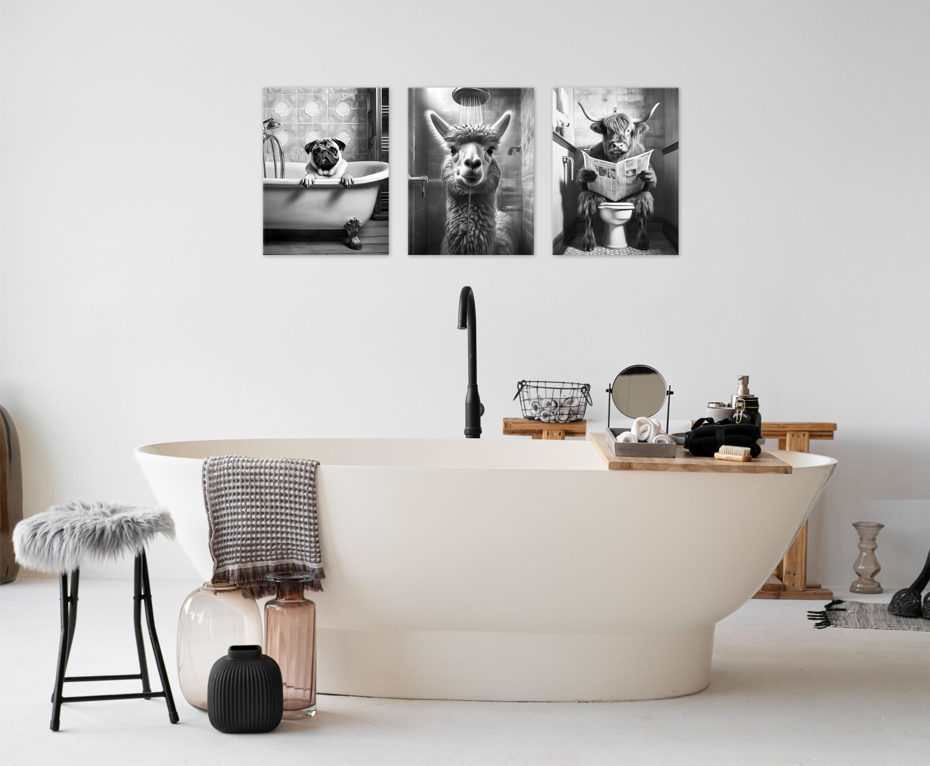 artissimo Mehrteilige Bilder Bilderset 3er-Set, Deko Bad / Badezimmer, schwarz-weiß, lustige Bilder, Badezimmerbild: Hochland Kuh / Alpaka / Mops