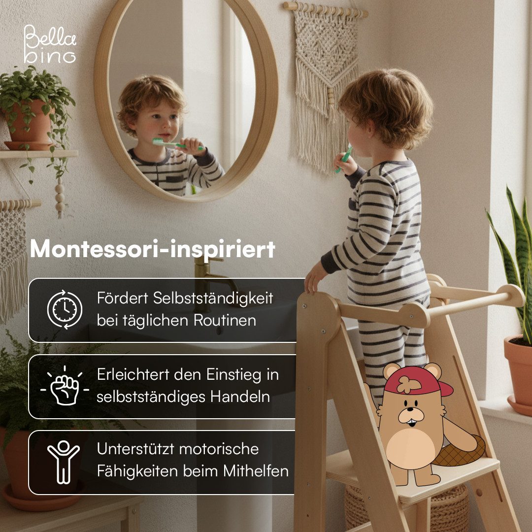 Bellabino Stehhilfe Tay 2-Fach höhenverstellbar & klappbar (Natur), Lernturm aus Birkenholz, Montessori Tritthocker