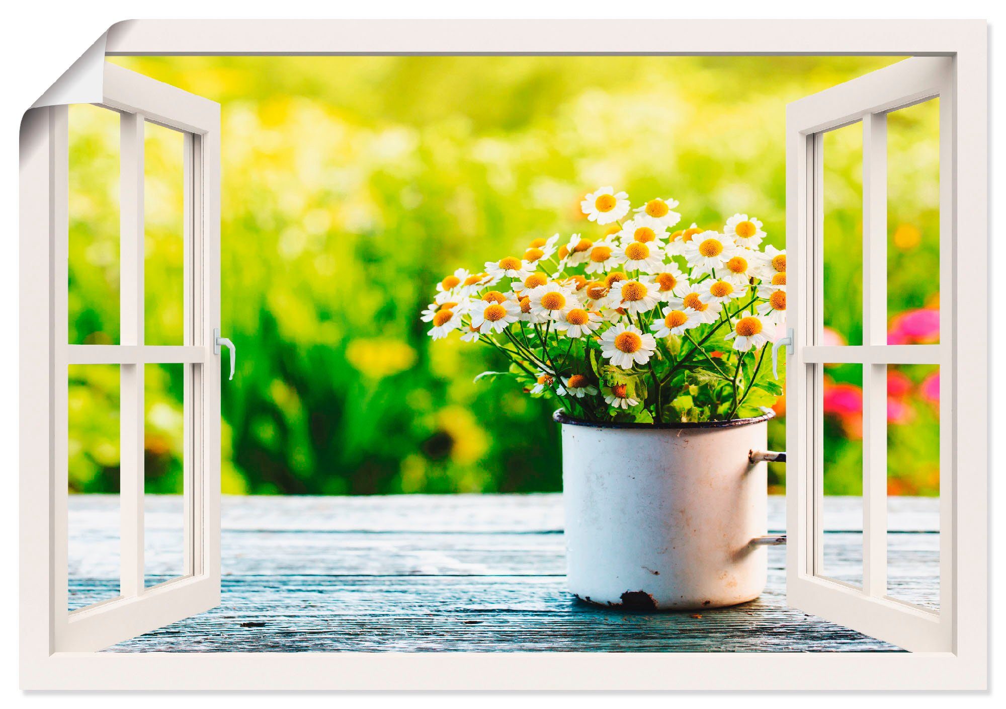 Artland Wandbild Fensterblick Garten mit Gänseblümchen, Blumen (1 St), als  Alubild, Leinwandbild, Wandaufkleber oder Poster in versch. Größen