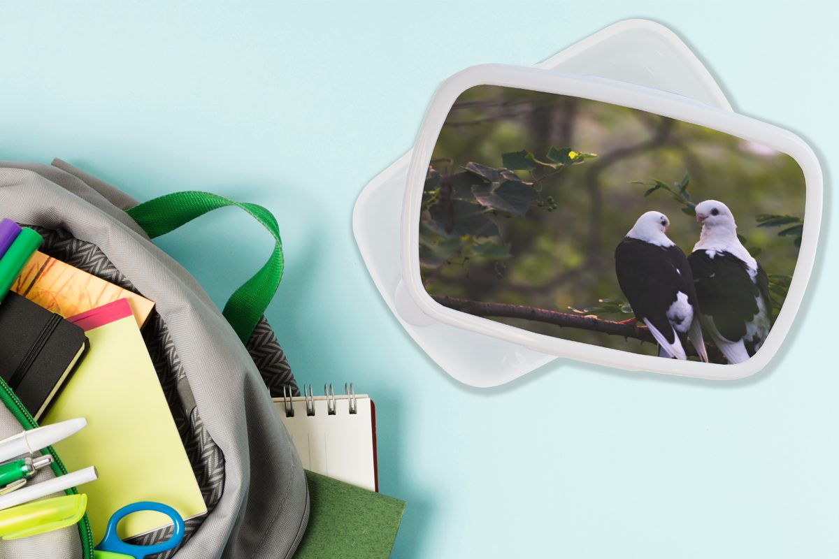 Vögel Brotbox - Kinder Jungs weiß Blätter, Zweig und Lunchbox - MuchoWow (2-tlg), für Mädchen Kunststoff, Erwachsene, und Brotdose, für