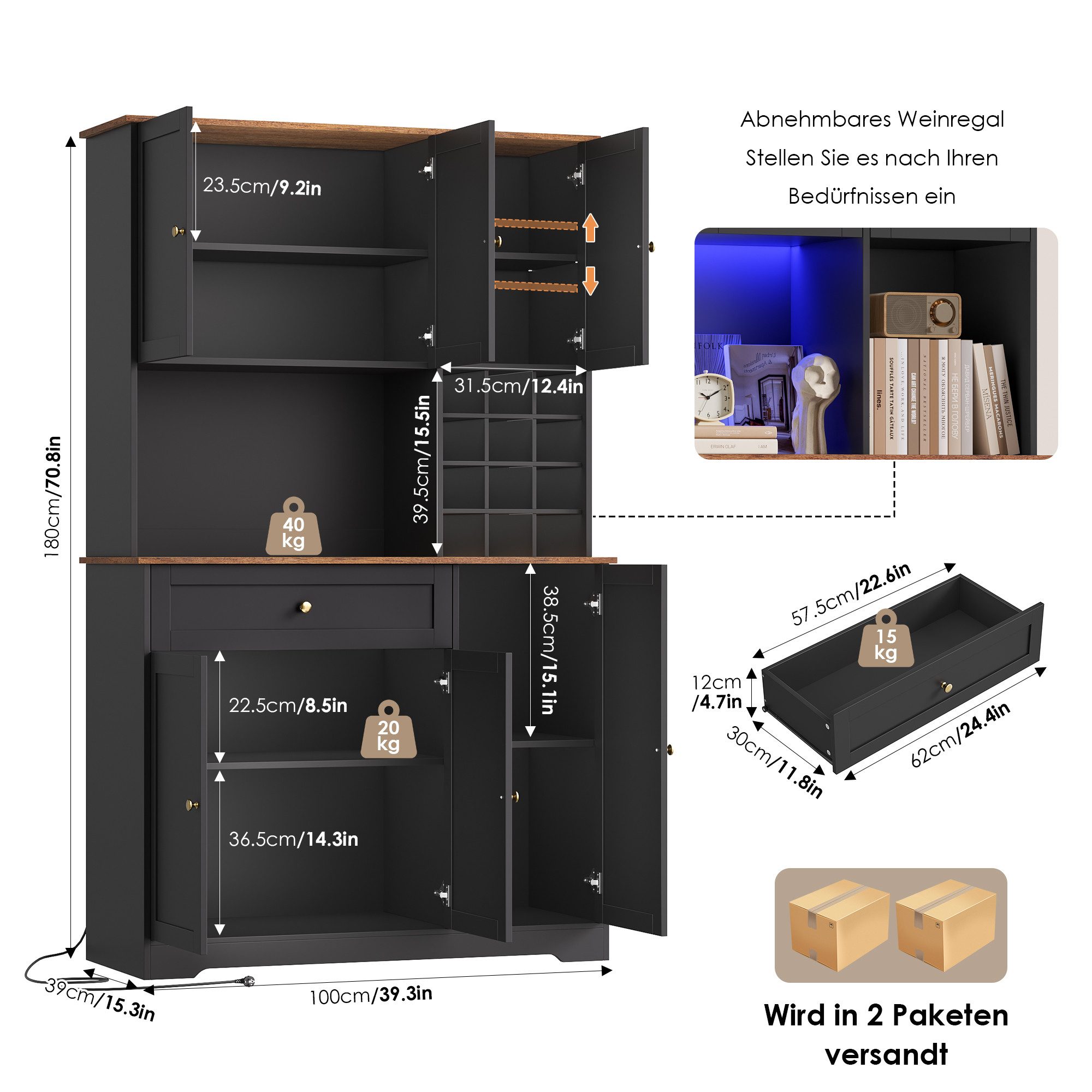 Homfa Küchenbuffet Küchenbuffet mit LED & Weinregal Küchenschrank Buffetschrank Sideboard weiß mit Steckdosenleiste & Arbeitsplatte 180x100x39cm