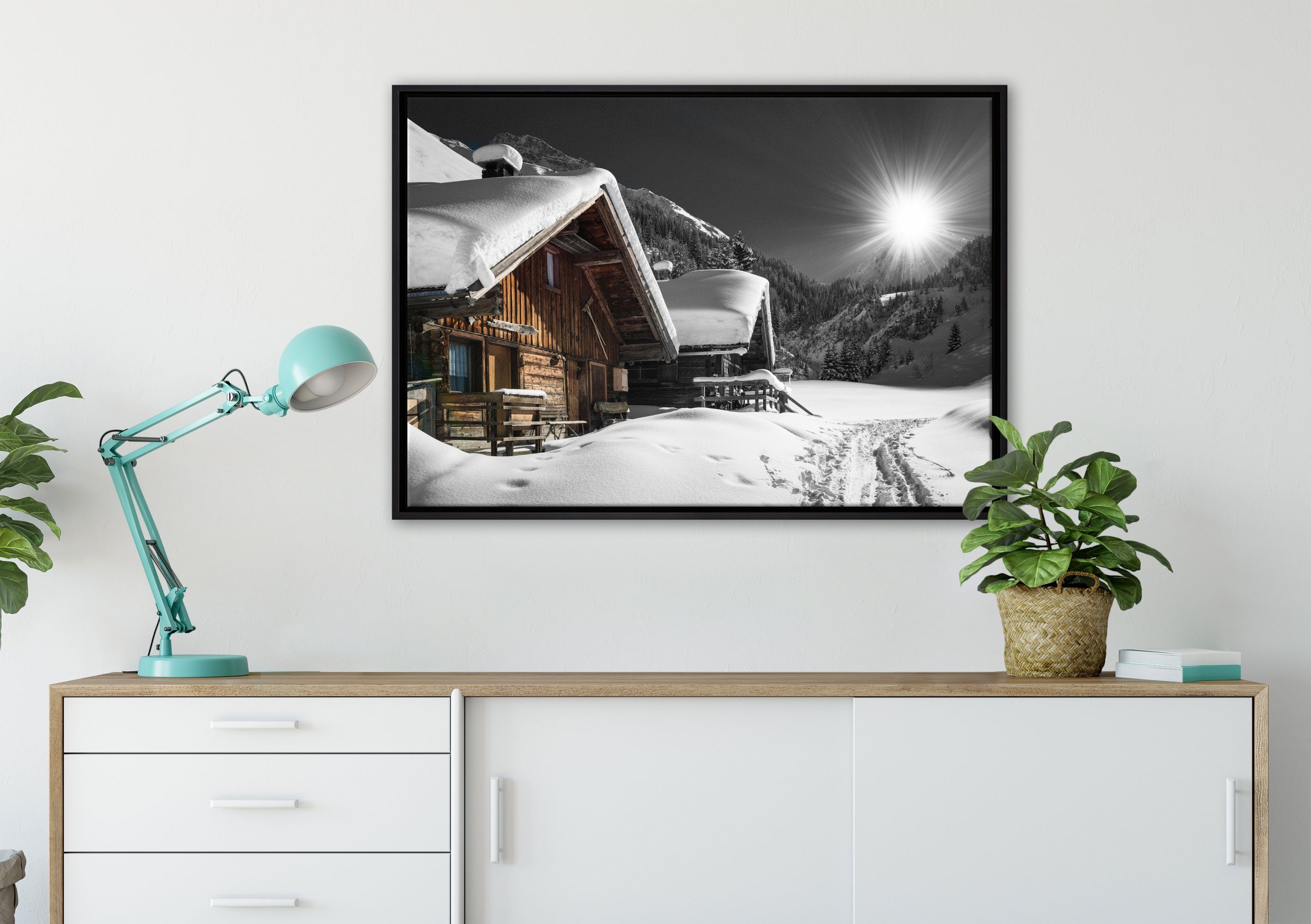 Pixxprint Leinwandbild Alpenhütten, Wanddekoration (1 Schattenfugen-Bilderrahmen inkl. einem Leinwandbild in St), fertig bespannt, Zackenaufhänger gefasst