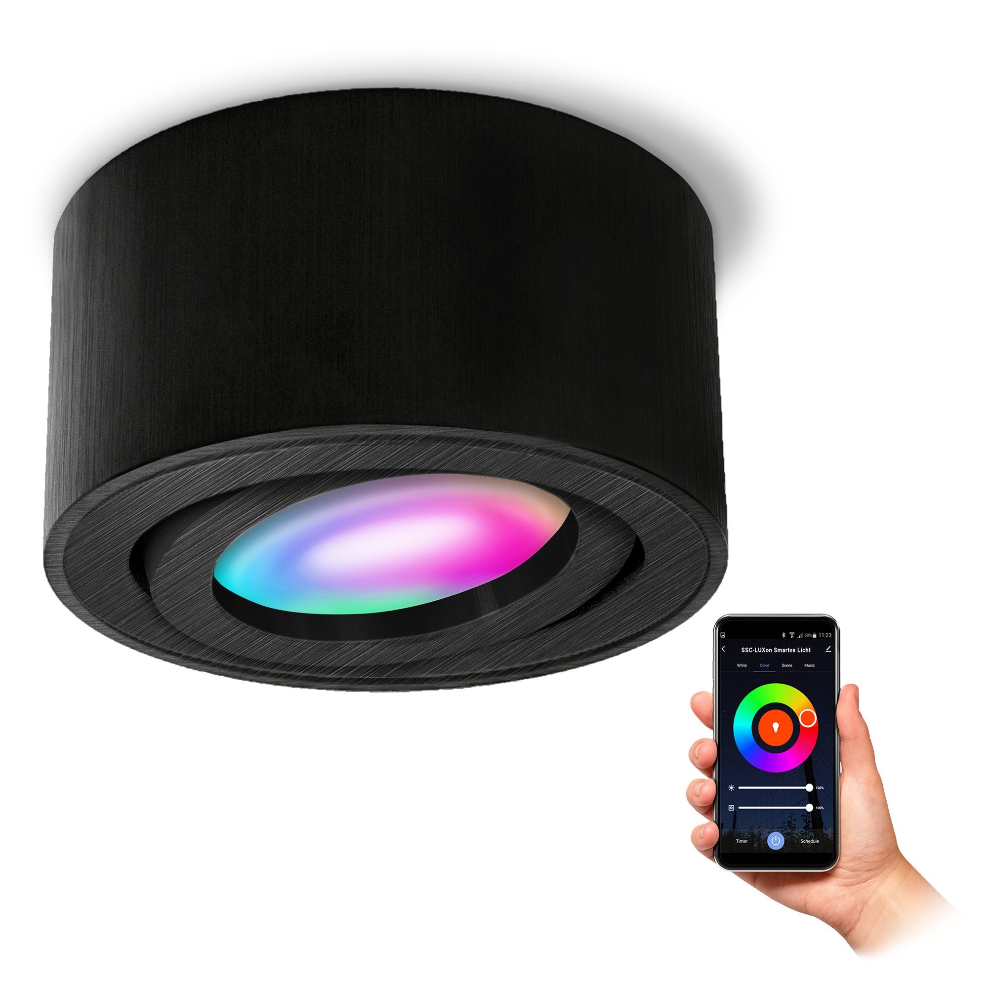 SSC-LUXon LED Aufbaustrahler CELI-1B Aufbauspot flach gebuerstet schwarz schwenkbar mit RGB LED, RGB & Weißtöne