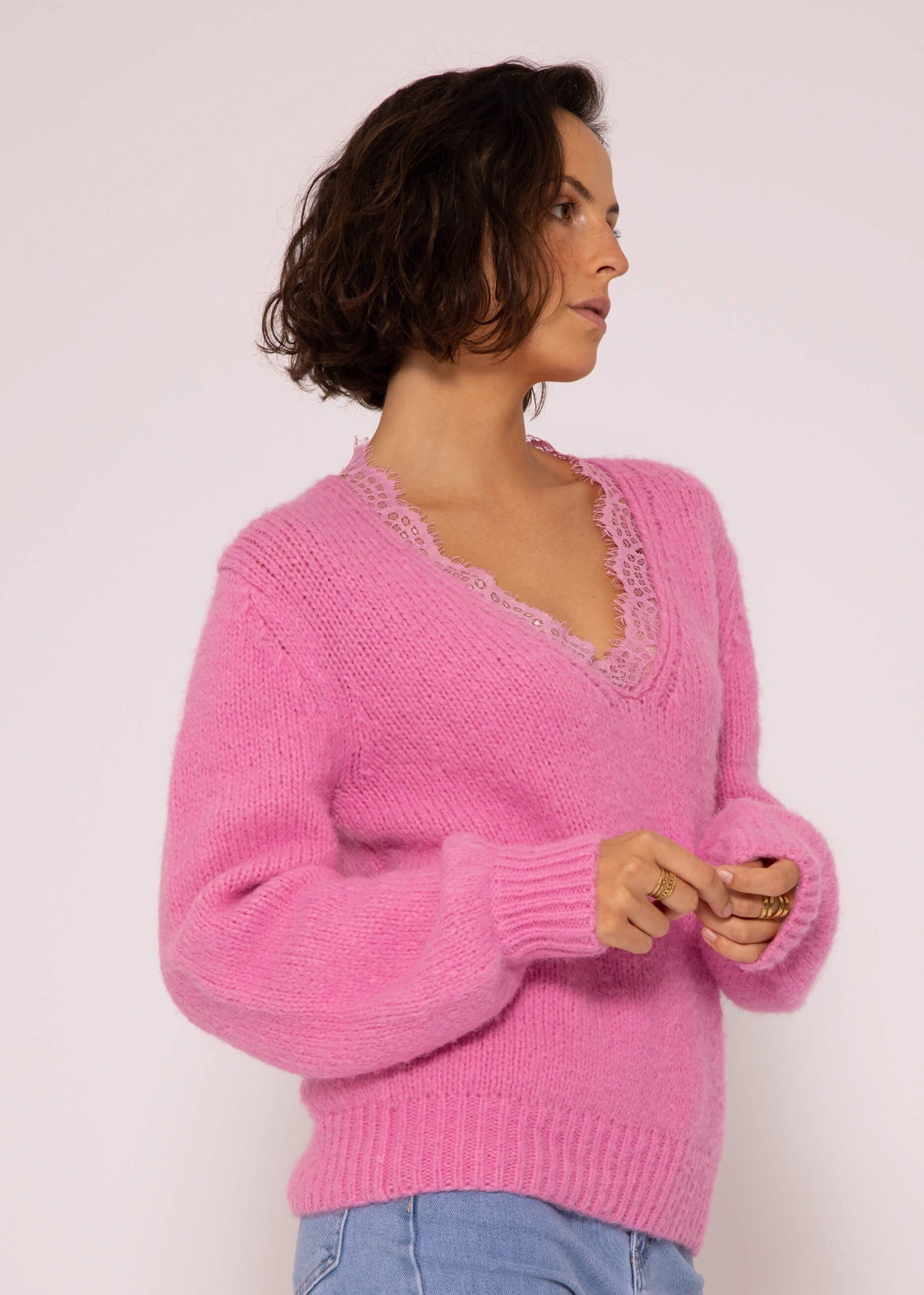 SASSYCLASSY Strickpullover Oversize Pullover Damen Lässiger Pink Strickpullover weichem Grobstrick Spitzen-Ausschnitt aus mit